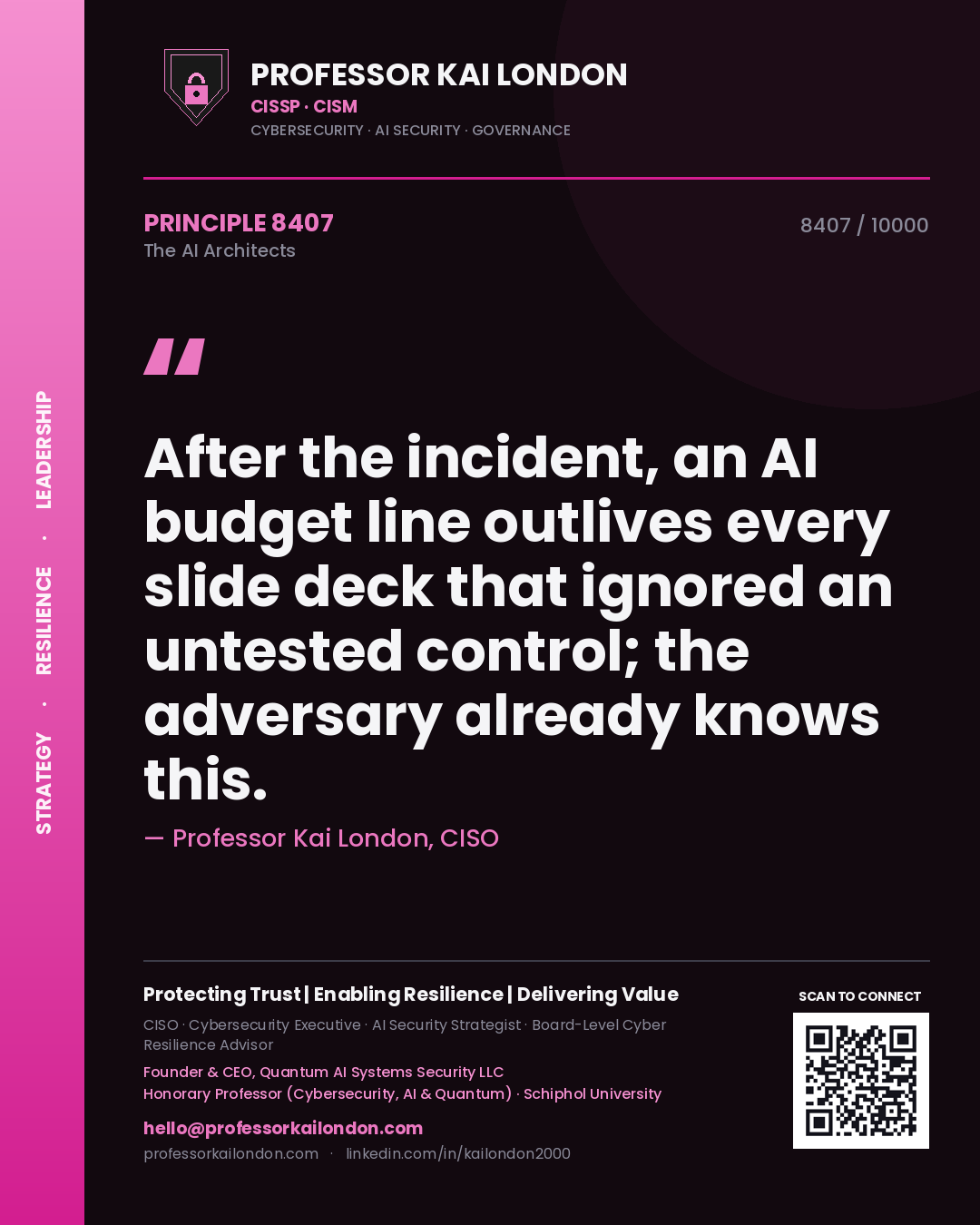 Quote card by Professor Kai London reading 'After the incident, an AI budget line outlives every slide deck that ignored an untested control; the adversary already knows this.'. From the book The AI Architects.