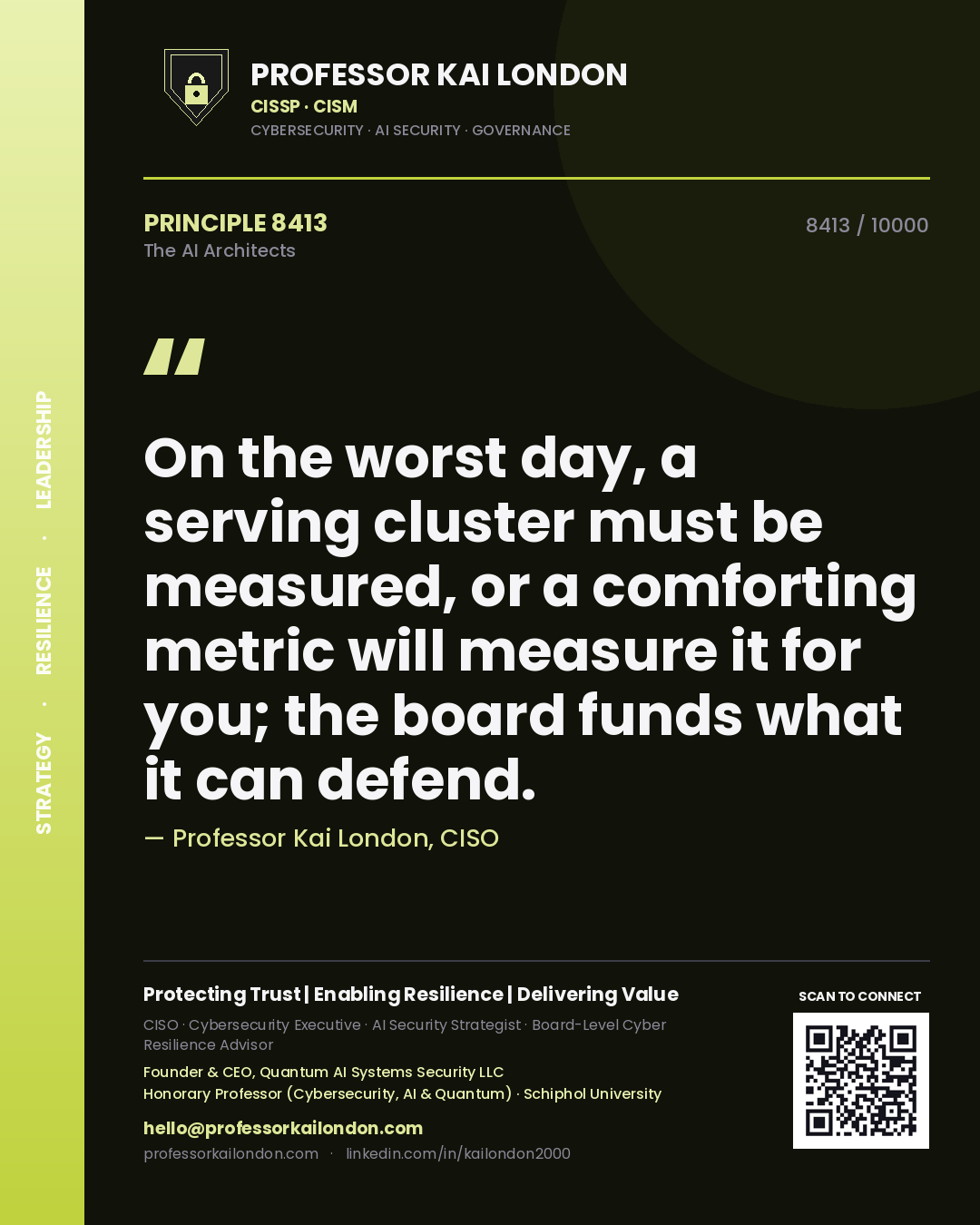 Quote card by Professor Kai London reading 'On the worst day, a serving cluster must be measured, or a comforting metric will measure it for you; the board funds what it can defend.'. From the book The AI Architects.