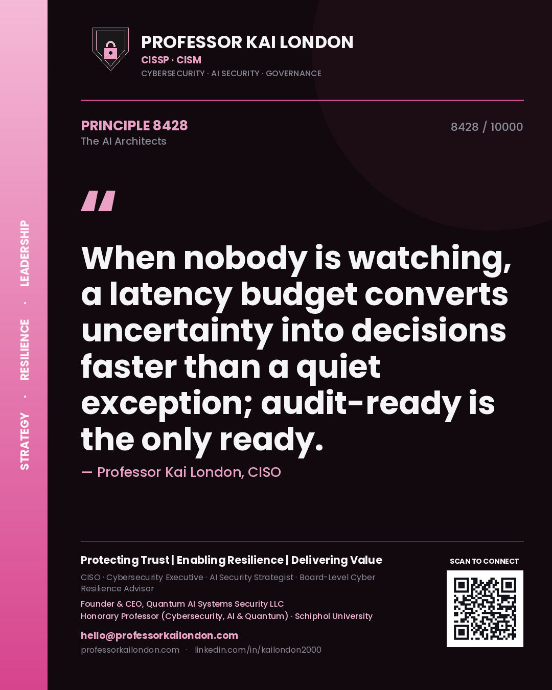 Professor Kai London principle 8428: When nobody is watching, a latency budget converts uncertainty into decisions faster than a quiet exception; audit-ready is the only ready.