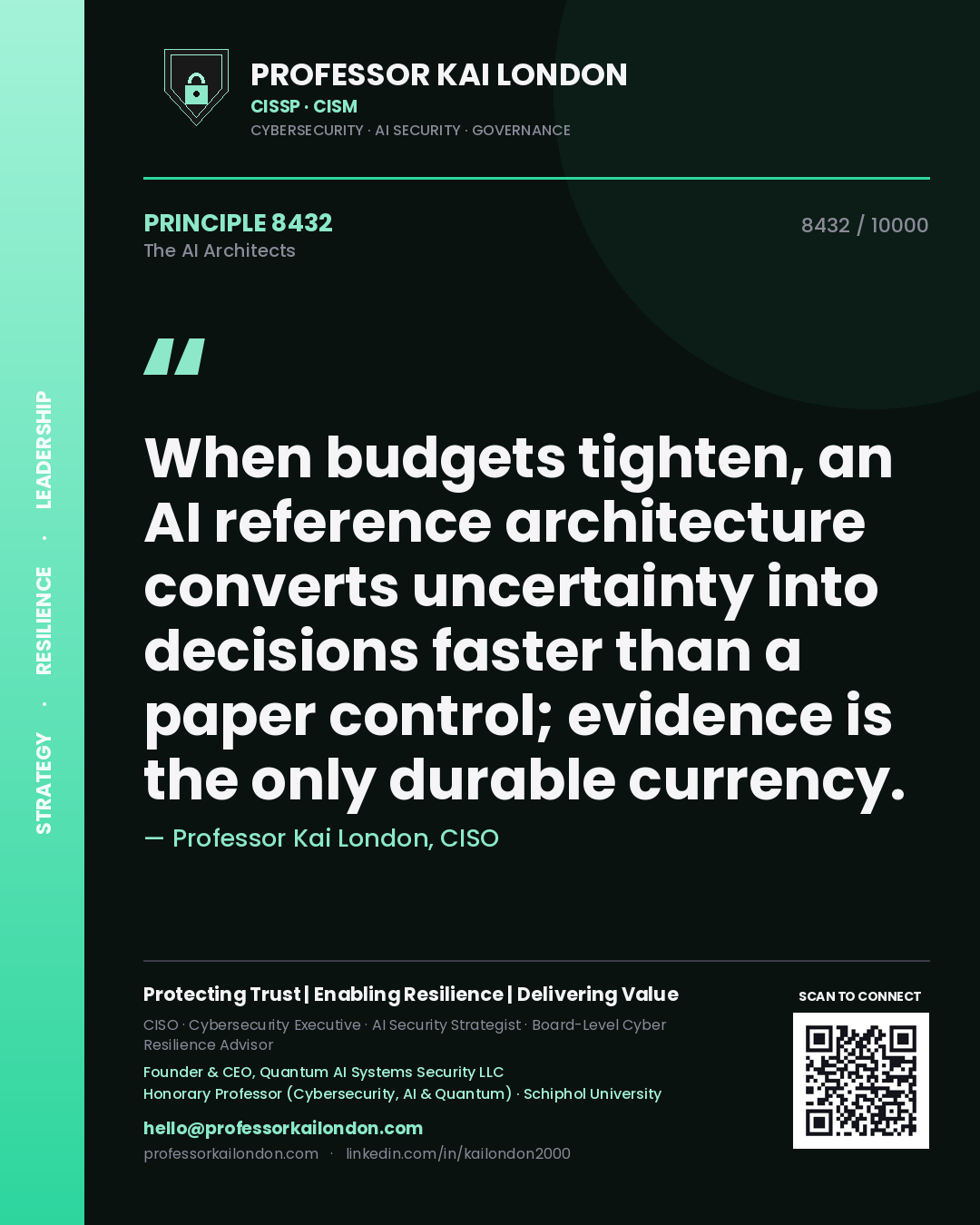 Quote card by Professor Kai London reading 'When budgets tighten, an AI reference architecture converts uncertainty into decisions faster than a paper control; evidence is the only durable currency.'. From the book The AI Architects.