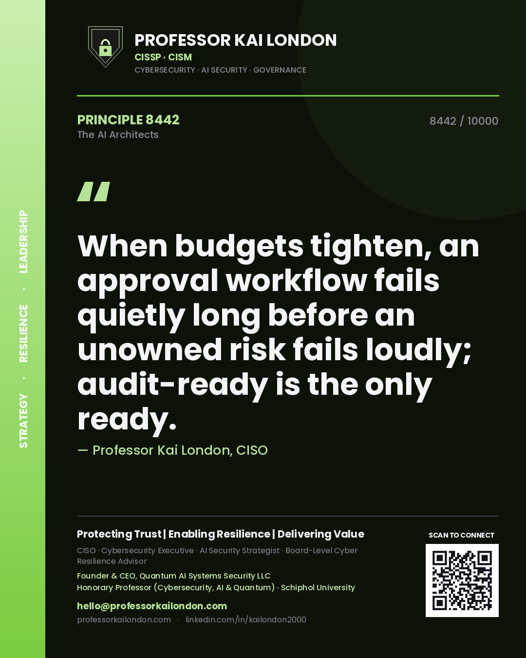 Quote card by Professor Kai London reading 'When budgets tighten, an approval workflow fails quietly long before an unowned risk fails loudly; audit-ready is the only ready.'. From the book The AI Architects.