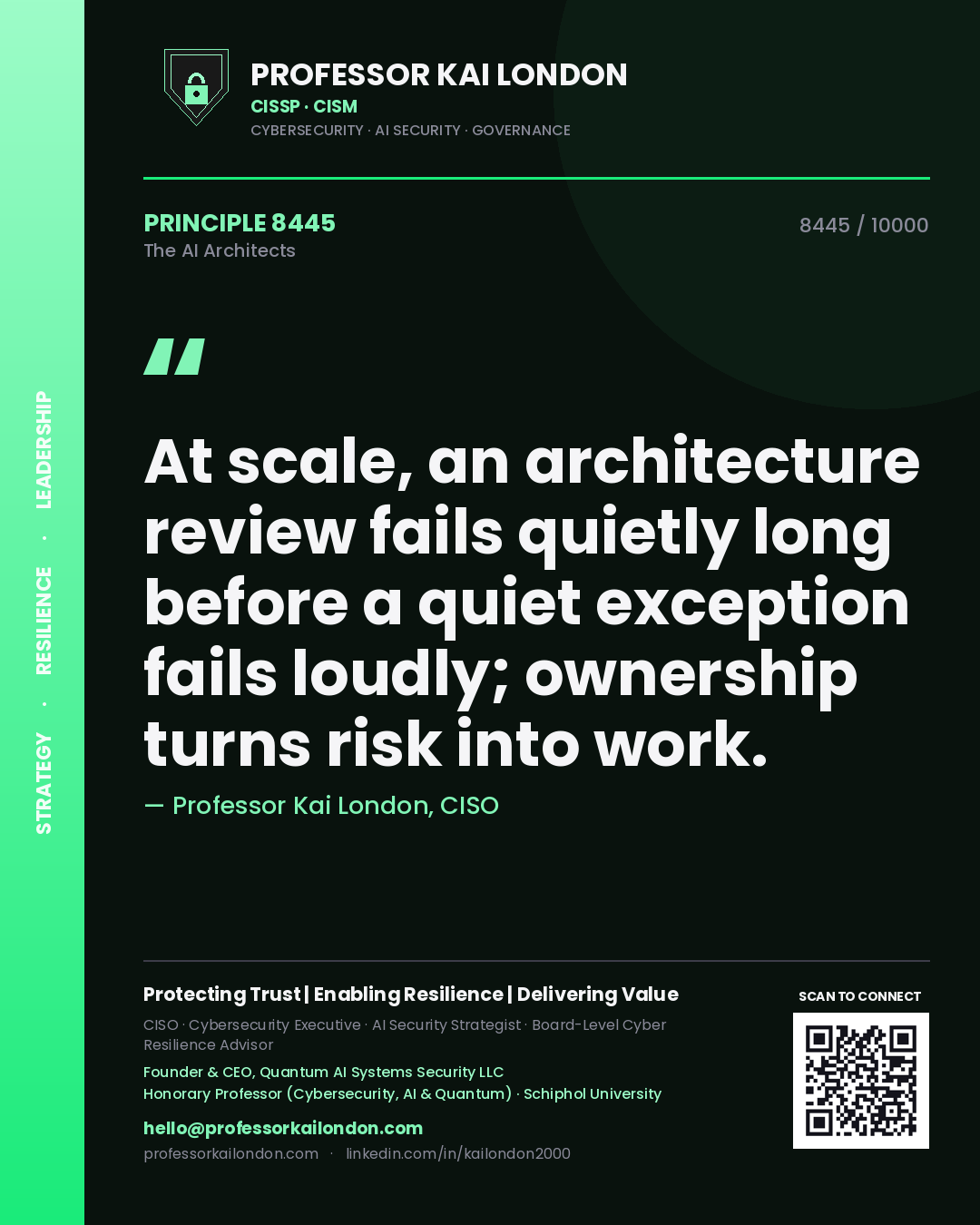 Professor Kai London principle 8445: At scale, an architecture review fails quietly long before a quiet exception fails loudly; ownership turns risk into work.