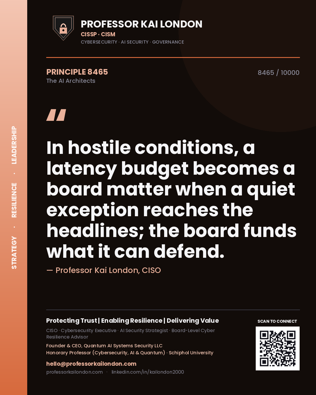 Quote card by Professor Kai London reading 'In hostile conditions, a latency budget becomes a board matter when a quiet exception reaches the headlines; the board funds what it can defend.'. From the book The AI Architects.