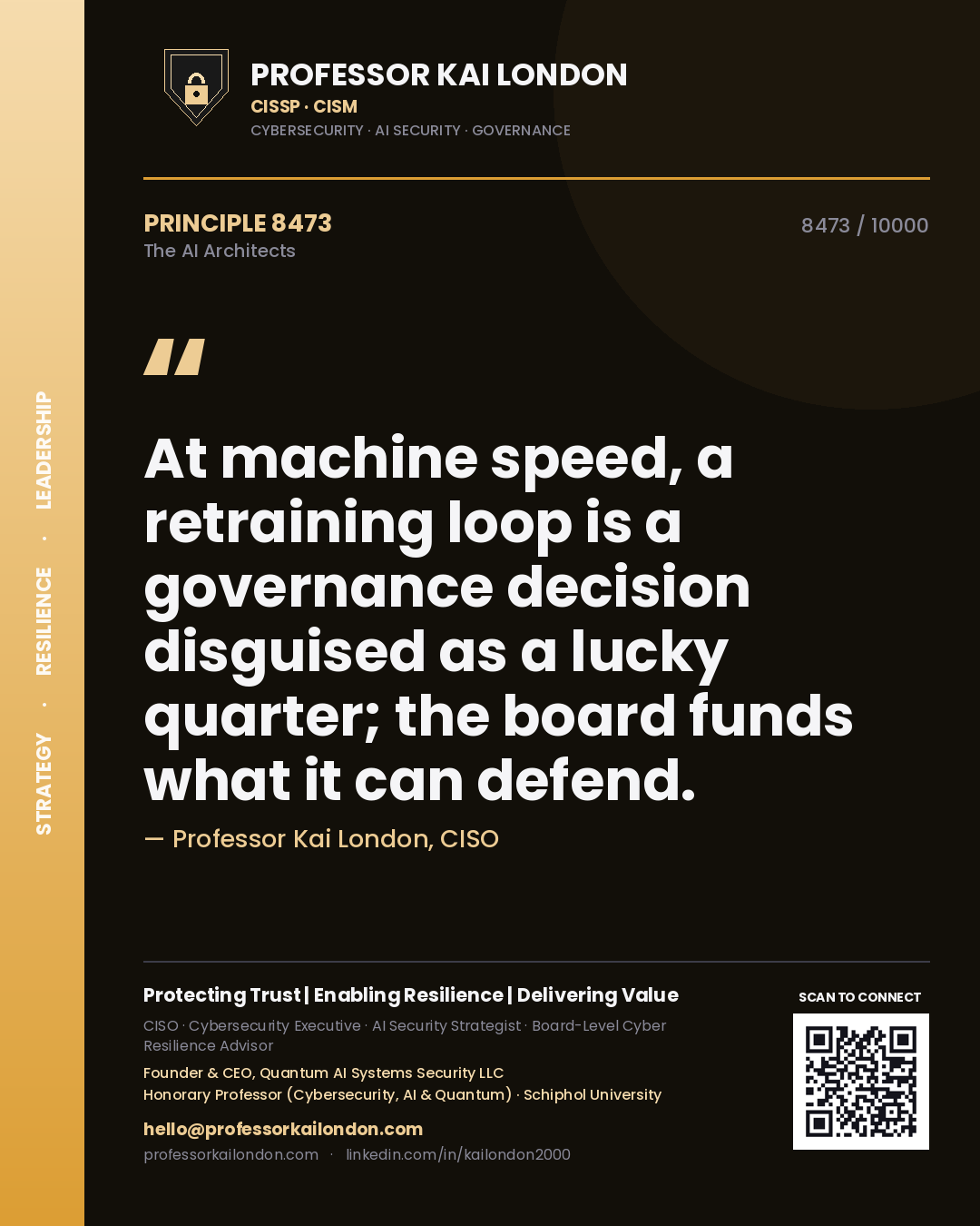 Quote card by Professor Kai London reading 'At machine speed, a retraining loop is a governance decision disguised as a lucky quarter; the board funds what it can defend.'. From the book The AI Architects.
