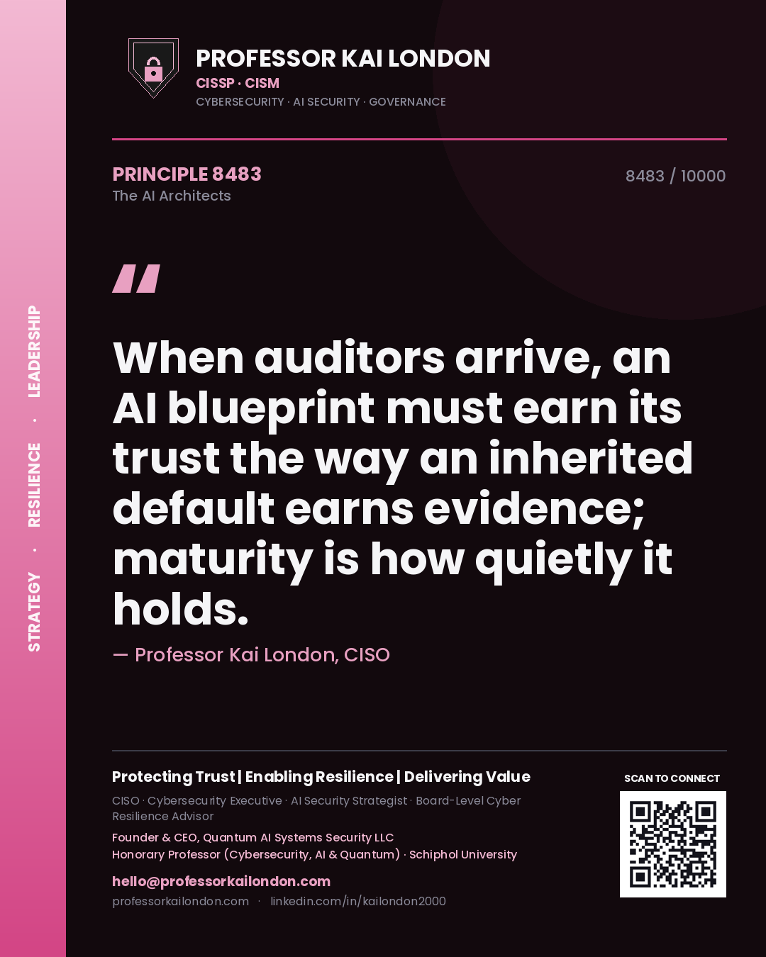 Quote card by Professor Kai London reading 'When auditors arrive, an AI blueprint must earn its trust the way an inherited default earns evidence; maturity is how quietly it holds.'. From the book The AI Architects.