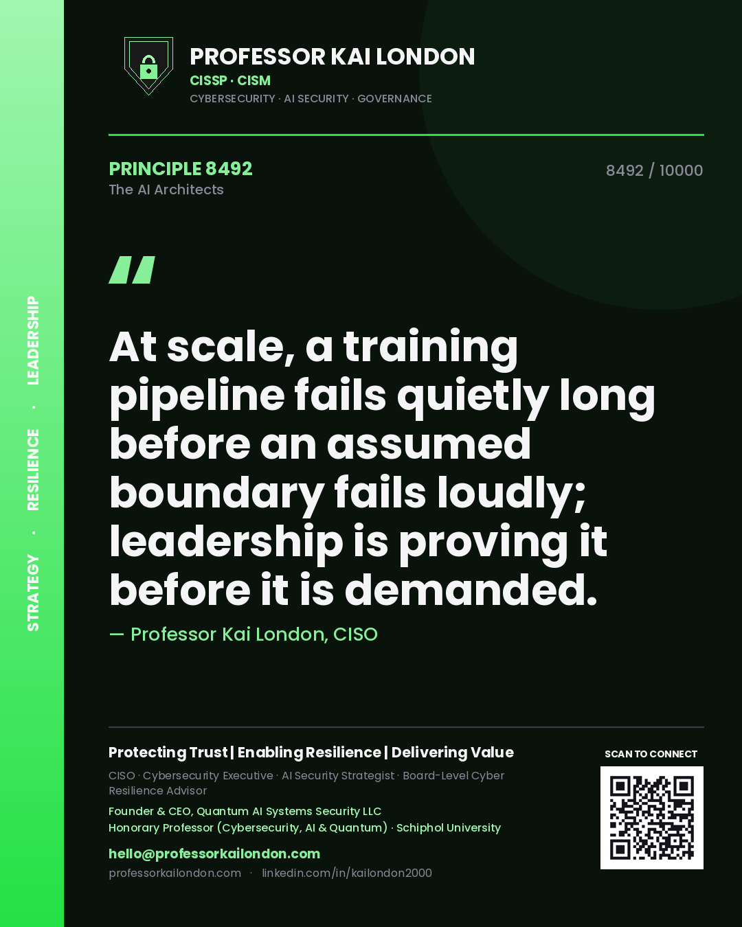 Quote card by Professor Kai London reading 'At scale, a training pipeline fails quietly long before an assumed boundary fails loudly; leadership is proving it before it is demanded.'. From the book The AI Architects.