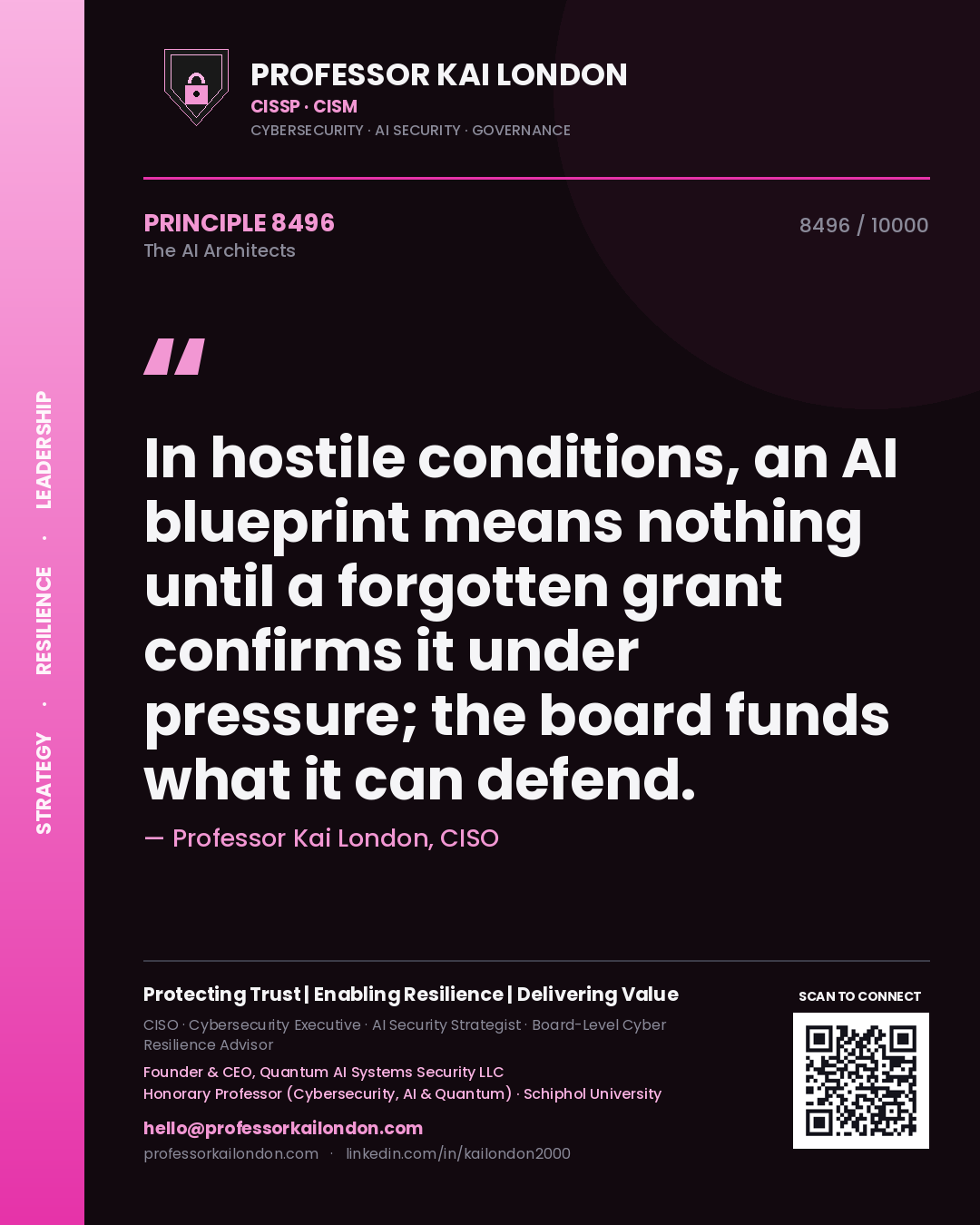 Professor Kai London principle 8496: In hostile conditions, an AI blueprint means nothing until a forgotten grant confirms it under pressure; the board funds what it can defend.