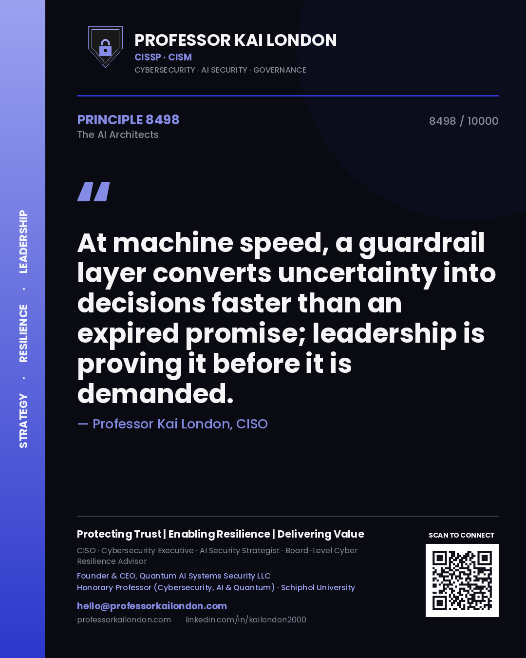 Professor Kai London principle 8498: At machine speed, a guardrail layer converts uncertainty into decisions faster than an expired promise; leadership is proving it before it is demanded.