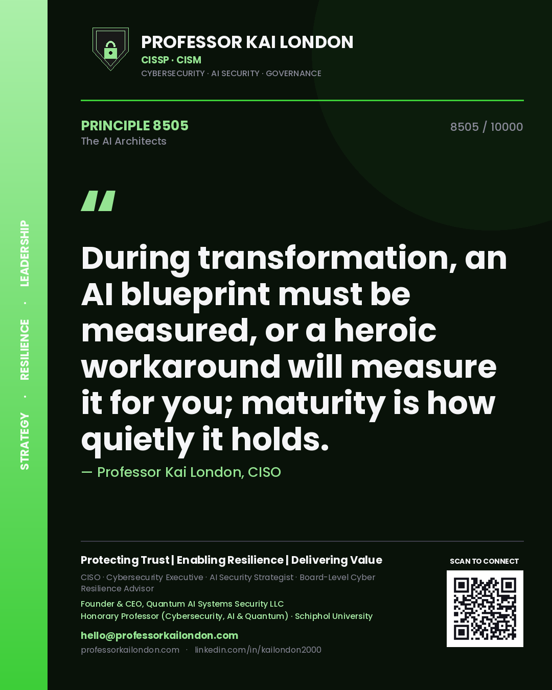 Professor Kai London principle 8505: During transformation, an AI blueprint must be measured, or a heroic workaround will measure it for you; maturity is how quietly it holds.