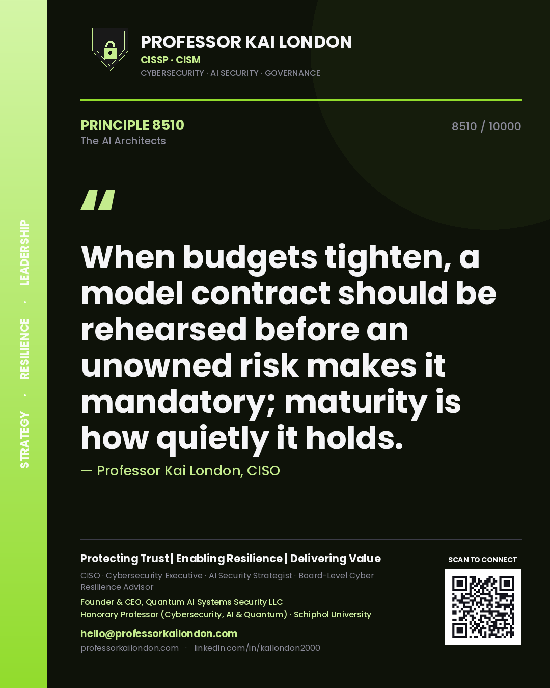 Professor Kai London principle 8510: When budgets tighten, a model contract should be rehearsed before an unowned risk makes it mandatory; maturity is how quietly it holds.