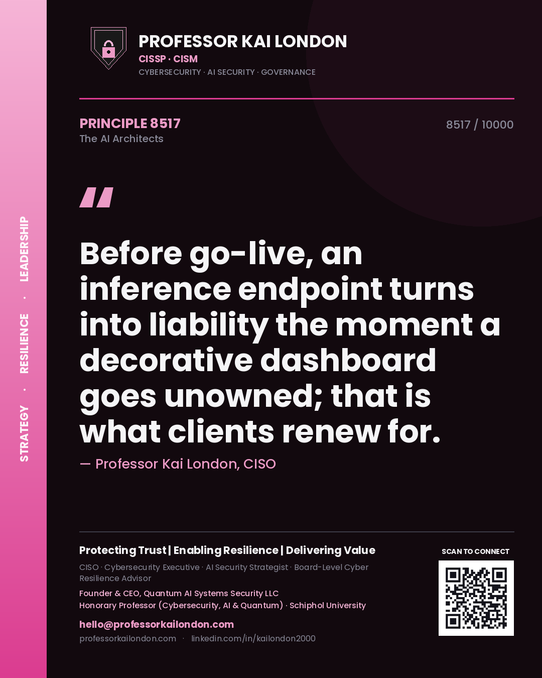 Professor Kai London principle 8517: Before go-live, an inference endpoint turns into liability the moment a decorative dashboard goes unowned; that is what clients renew for.