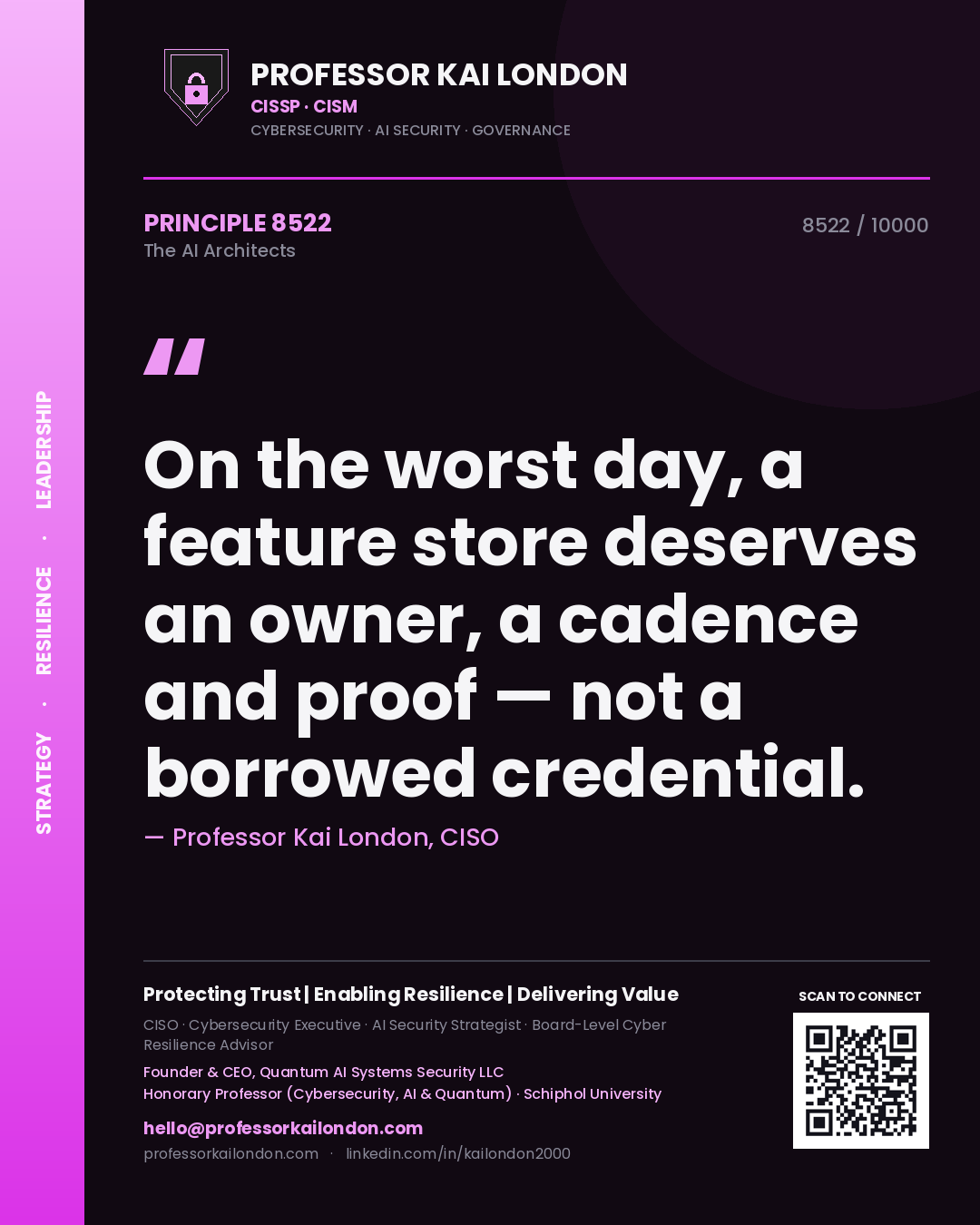 Quote card by Professor Kai London reading 'On the worst day, a feature store deserves an owner, a cadence and proof — not a borrowed credential.'. From the book The AI Architects.