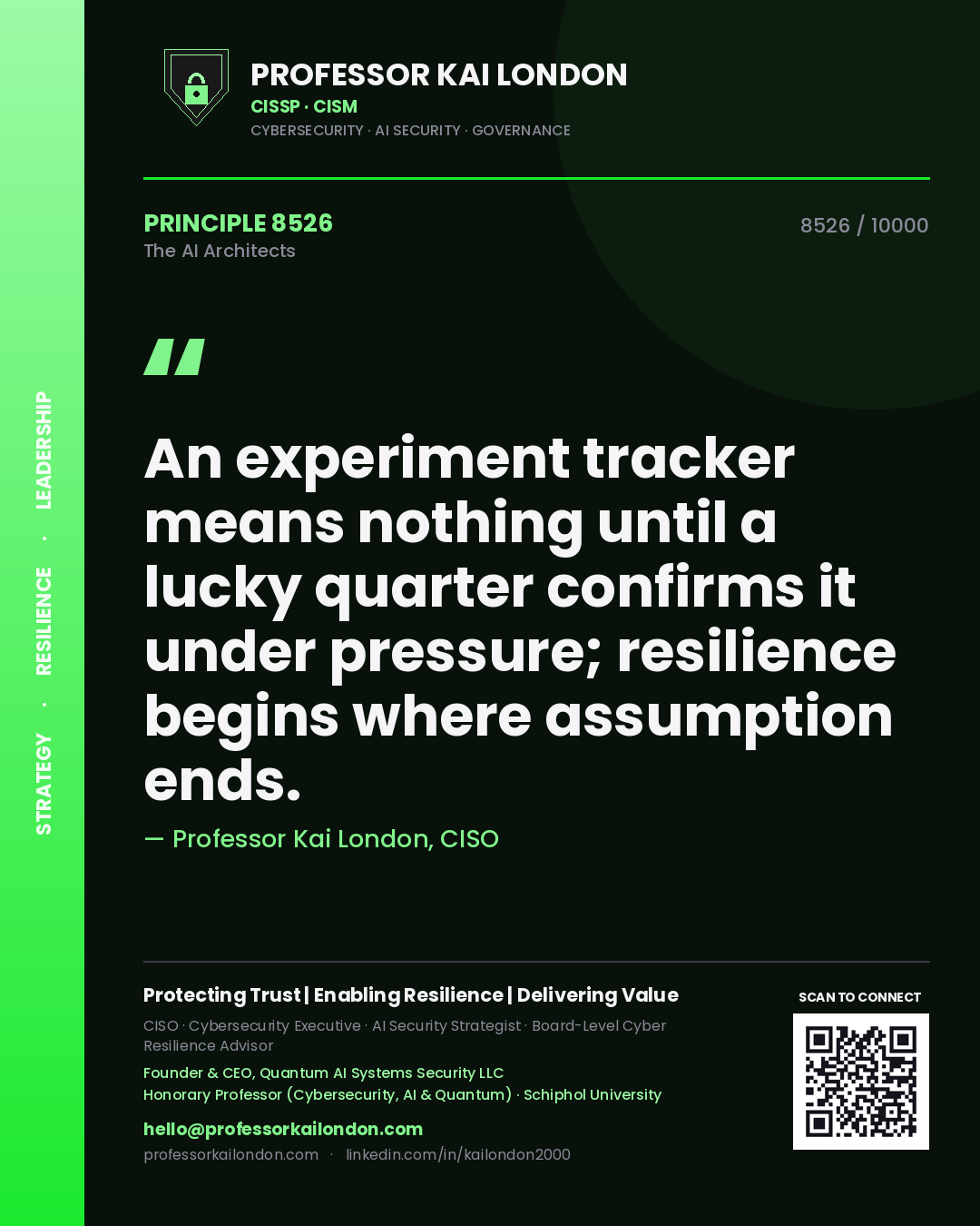 Quote card by Professor Kai London reading 'An experiment tracker means nothing until a lucky quarter confirms it under pressure; resilience begins where assumption ends.'. From the book The AI Architects.