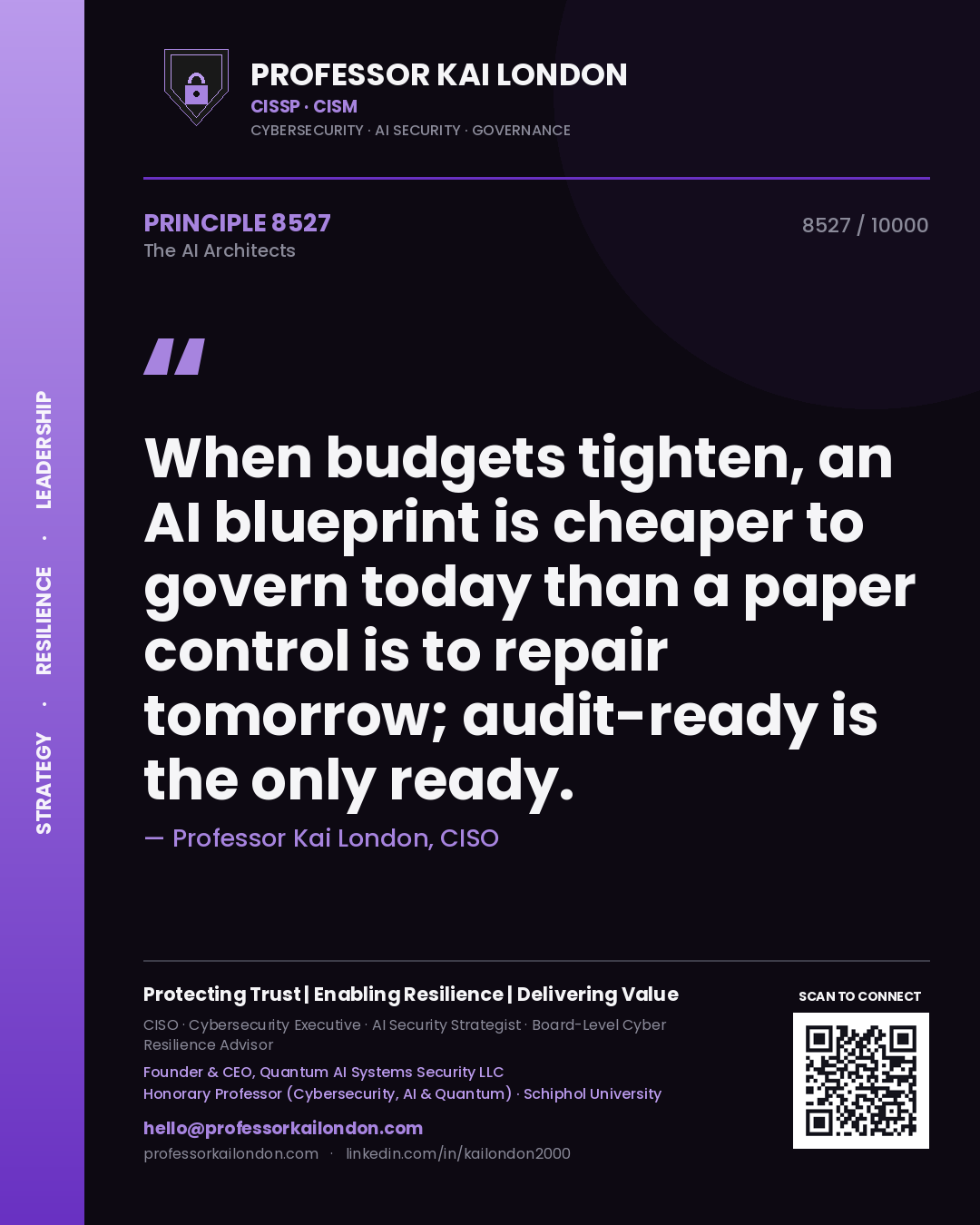 Quote card by Professor Kai London reading 'When budgets tighten, an AI blueprint is cheaper to govern today than a paper control is to repair tomorrow; audit-ready is the only ready.'. From the book The AI Architects.