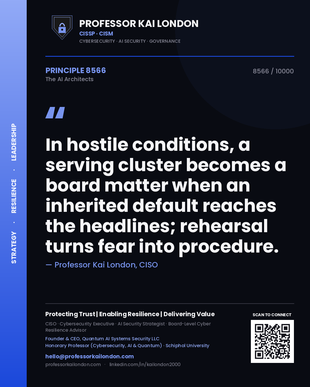 Quote card by Professor Kai London reading 'In hostile conditions, a serving cluster becomes a board matter when an inherited default reaches the headlines; rehearsal turns fear into procedure.'. From the book The AI Architects.