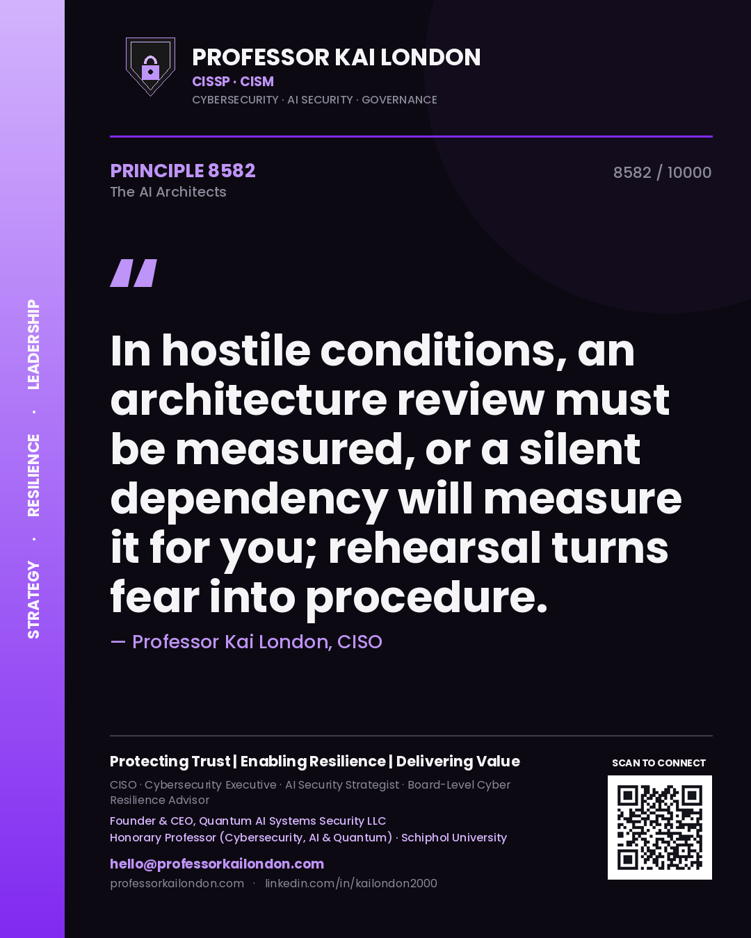 Professor Kai London principle 8582: In hostile conditions, an architecture review must be measured, or a silent dependency will measure it for you; rehearsal turns fear into procedure.