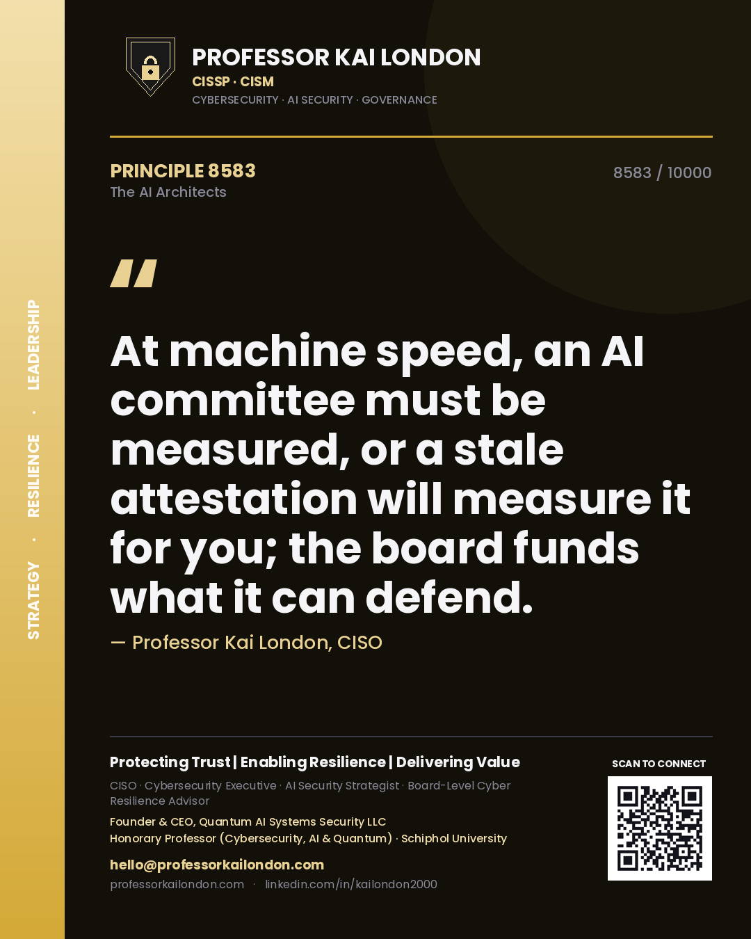 Professor Kai London principle 8583: At machine speed, an AI committee must be measured, or a stale attestation will measure it for you; the board funds what it can defend.