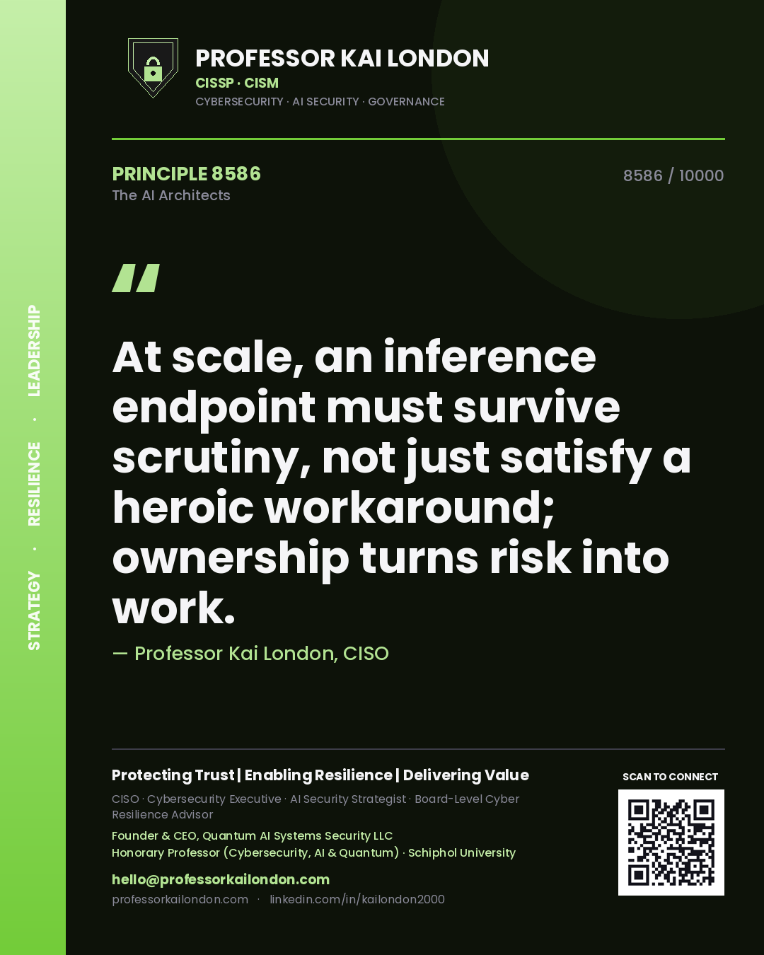 Quote card by Professor Kai London reading 'At scale, an inference endpoint must survive scrutiny, not just satisfy a heroic workaround; ownership turns risk into work.'. From the book The AI Architects.