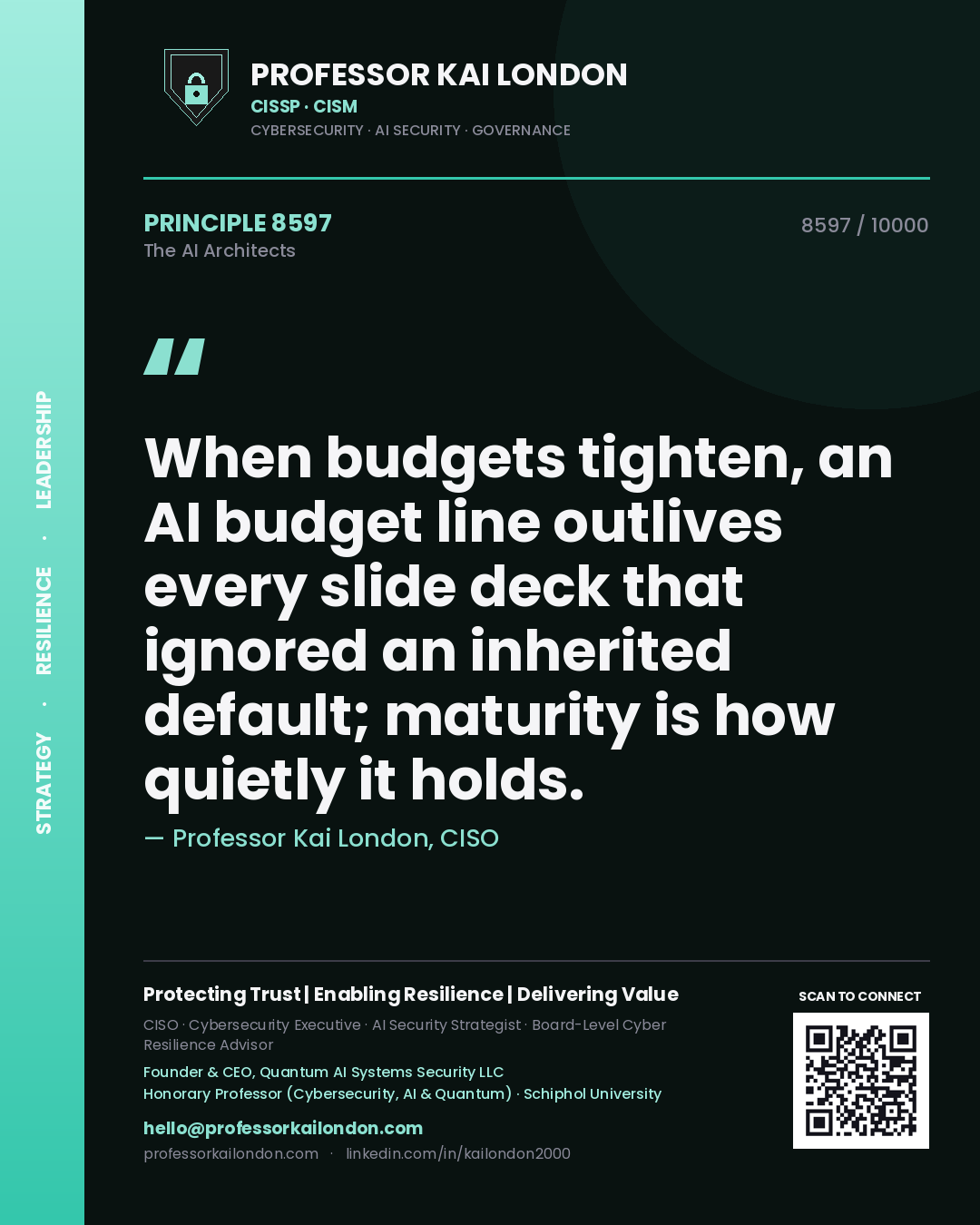 Professor Kai London principle 8597: When budgets tighten, an AI budget line outlives every slide deck that ignored an inherited default; maturity is how quietly it holds.