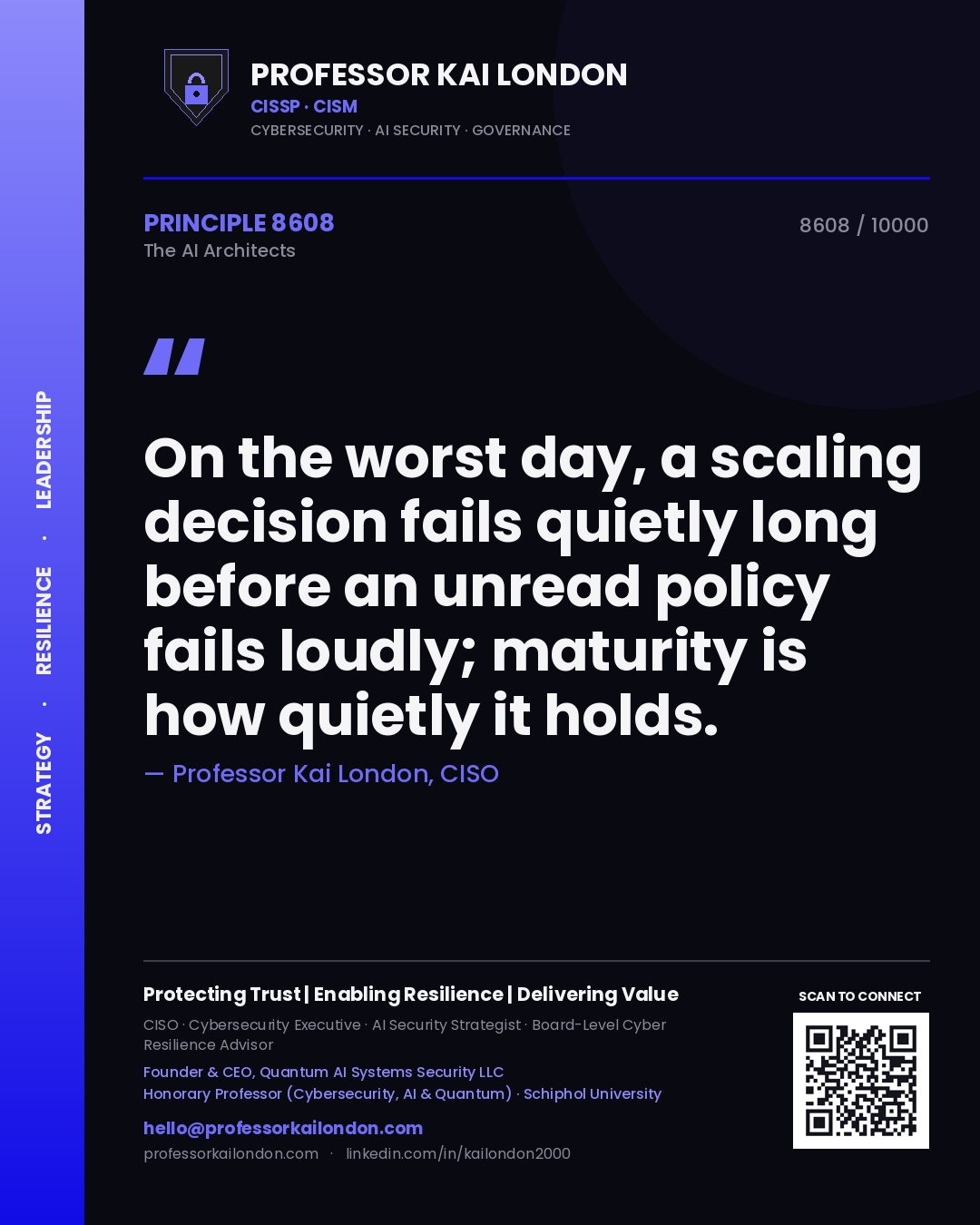 Quote card by Professor Kai London reading 'On the worst day, a scaling decision fails quietly long before an unread policy fails loudly; maturity is how quietly it holds.'. From the book The AI Architects.