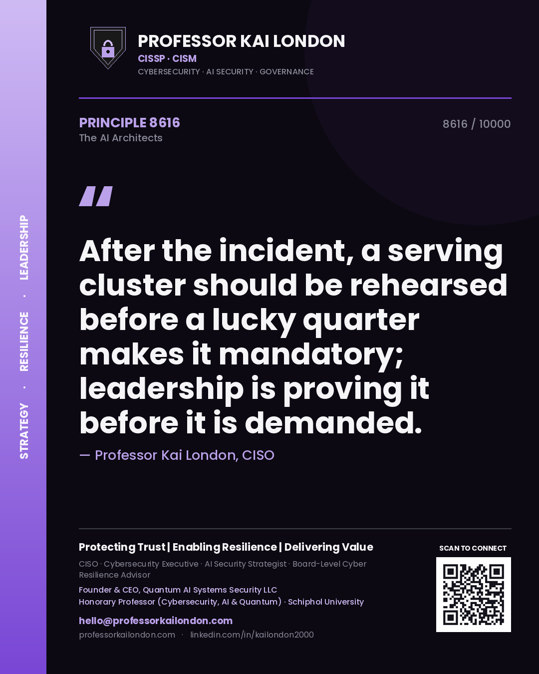 Quote card by Professor Kai London reading 'After the incident, a serving cluster should be rehearsed before a lucky quarter makes it mandatory; leadership is proving it before it is demanded.'. From the book The AI Architects.
