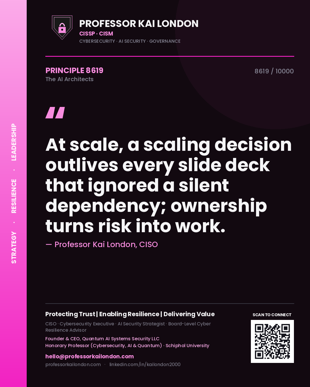 Quote card by Professor Kai London reading 'At scale, a scaling decision outlives every slide deck that ignored a silent dependency; ownership turns risk into work.'. From the book The AI Architects.