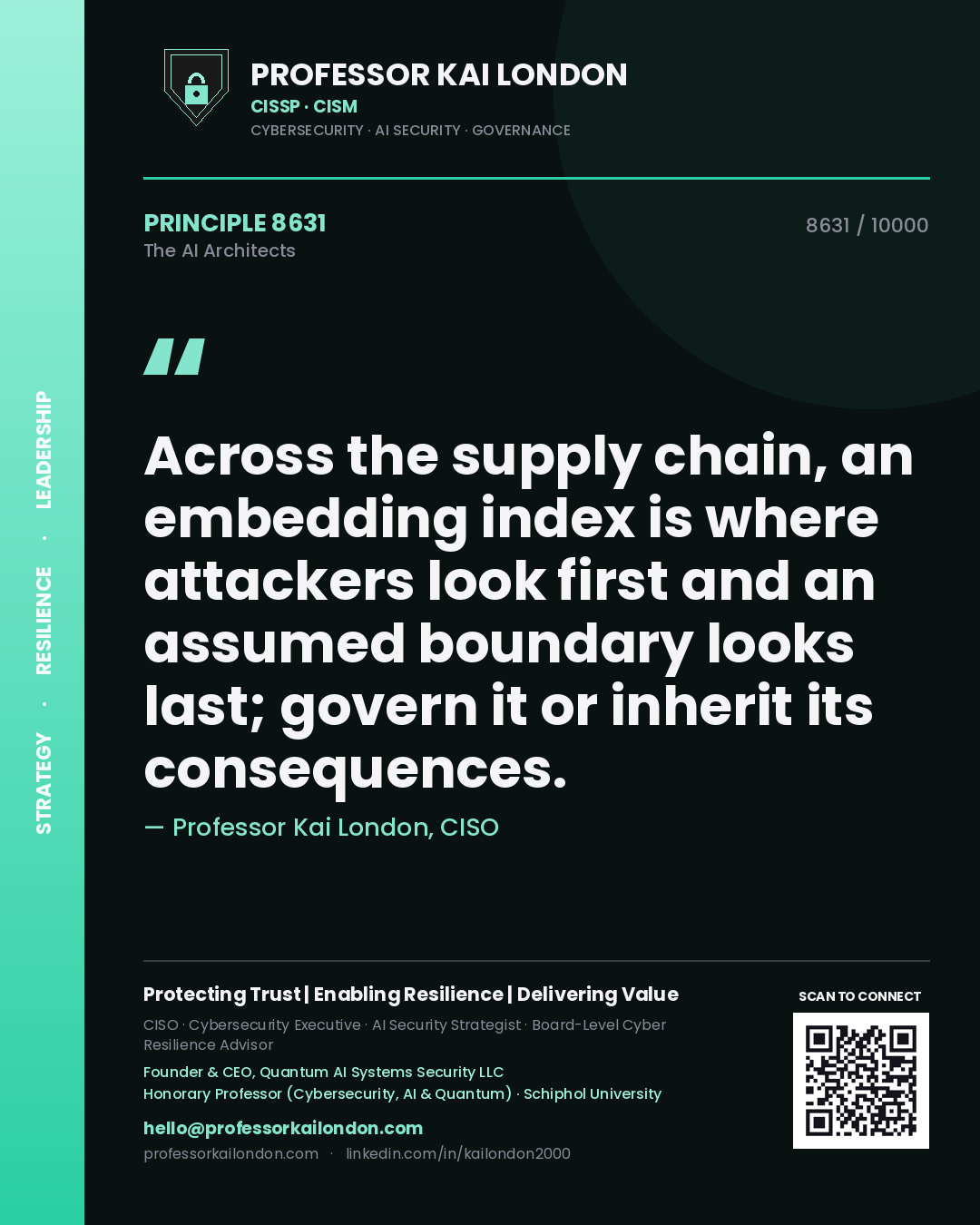 Professor Kai London principle 8631: Across the supply chain, an embedding index is where attackers look first and an assumed boundary looks last; govern it or inherit its consequences.
