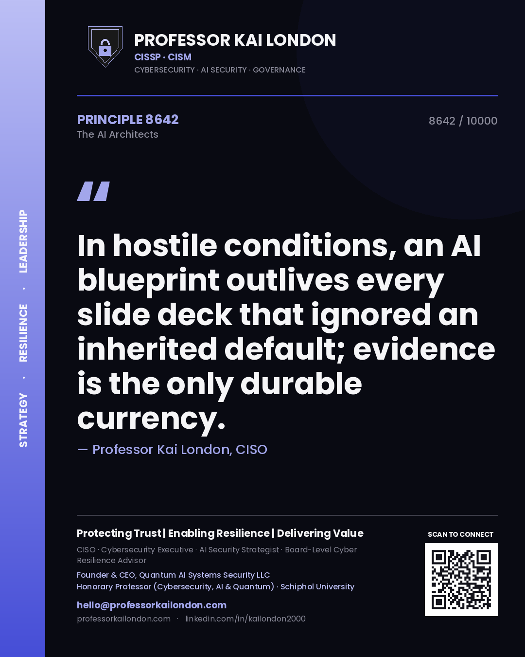 Quote card by Professor Kai London reading 'In hostile conditions, an AI blueprint outlives every slide deck that ignored an inherited default; evidence is the only durable currency.'. From the book The AI Architects.