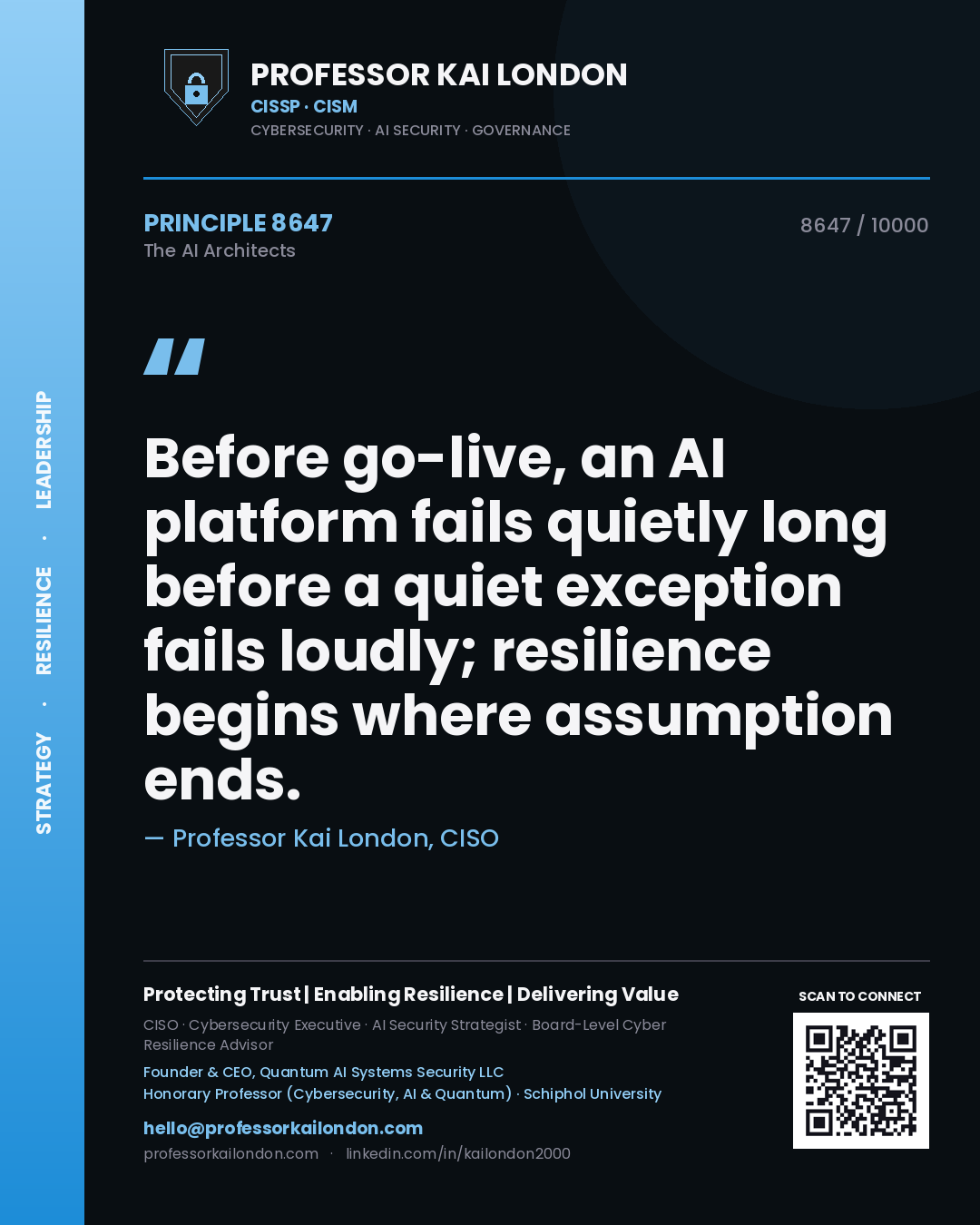 Quote card by Professor Kai London reading 'Before go-live, an AI platform fails quietly long before a quiet exception fails loudly; resilience begins where assumption ends.'. From the book The AI Architects.