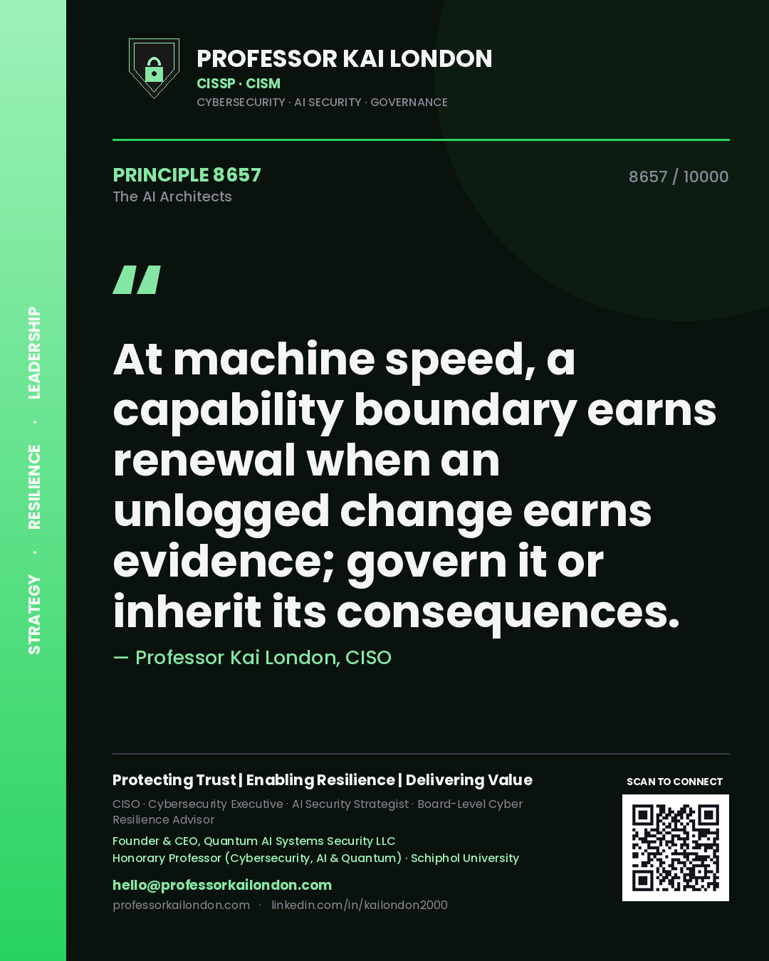 Professor Kai London principle 8657: At machine speed, a capability boundary earns renewal when an unlogged change earns evidence; govern it or inherit its consequences.