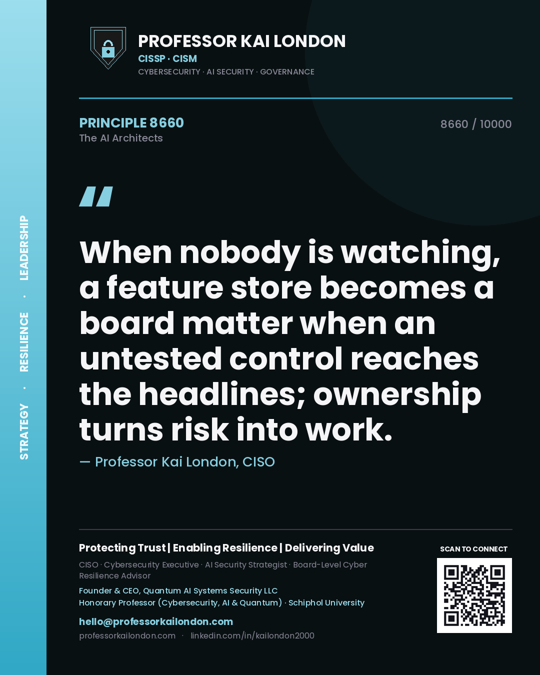 Quote card by Professor Kai London reading 'When nobody is watching, a feature store becomes a board matter when an untested control reaches the headlines; ownership turns risk into work.'. From the book The AI Architects.