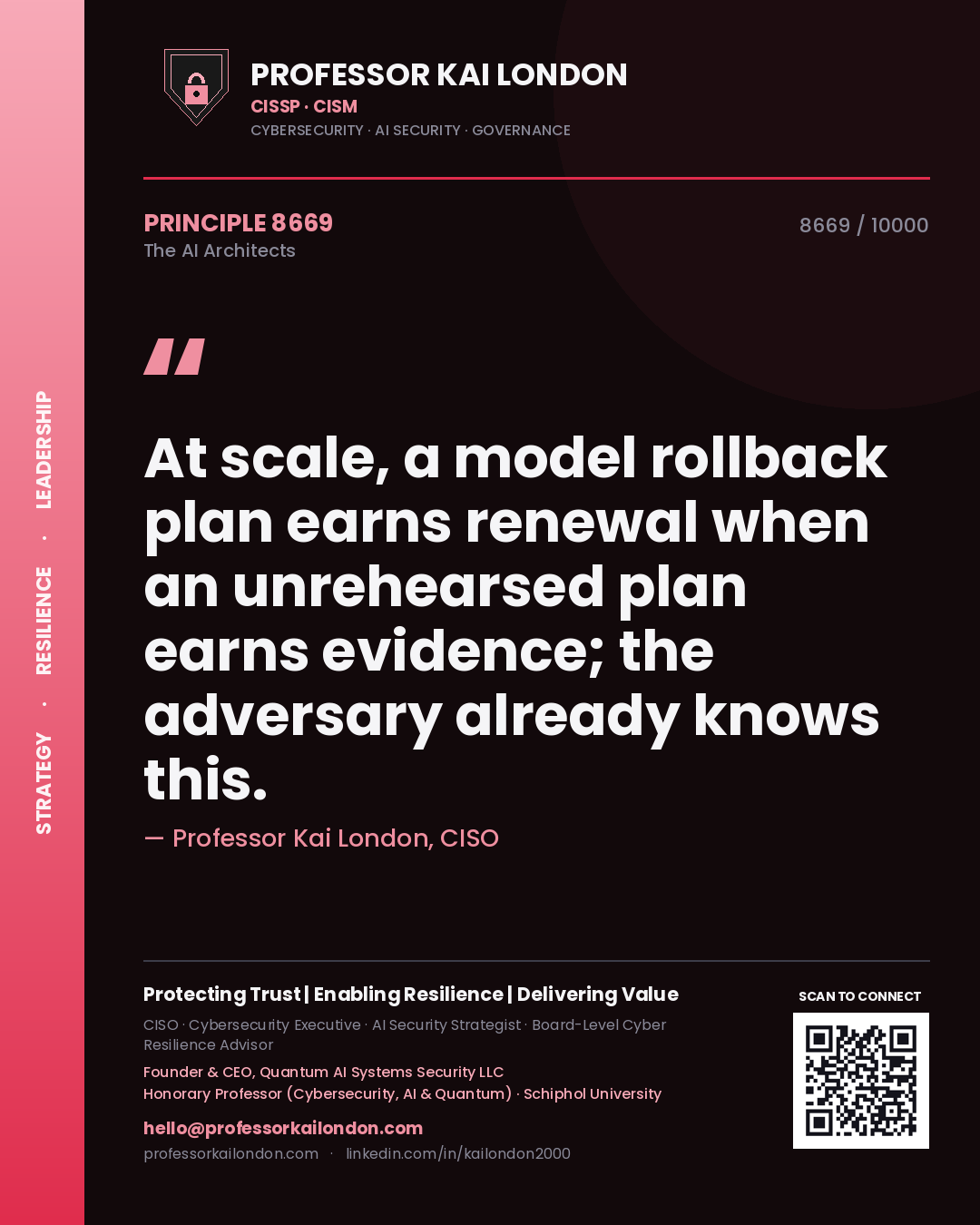 Professor Kai London principle 8669: At scale, a model rollback plan earns renewal when an unrehearsed plan earns evidence; the adversary already knows this.