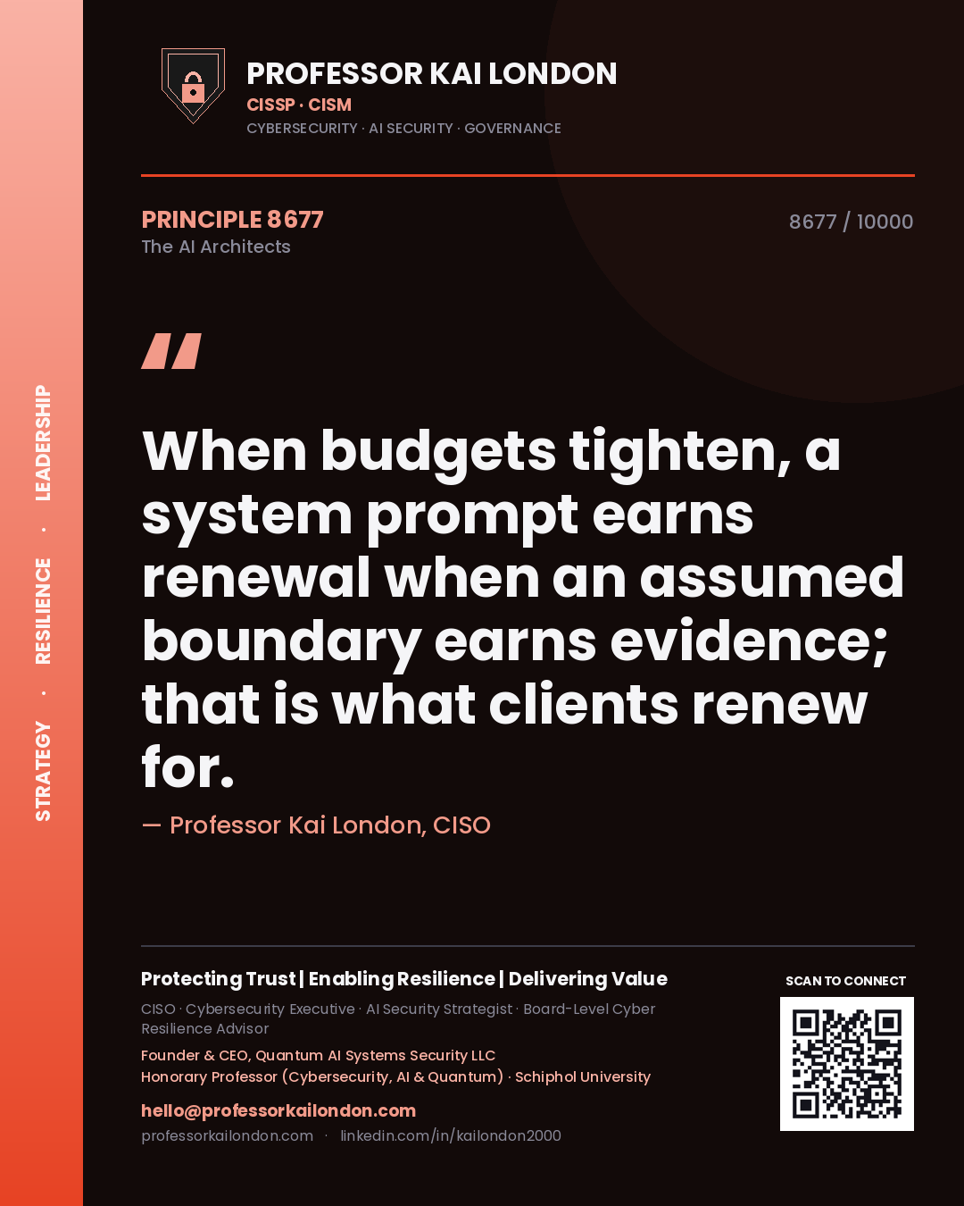 Quote card by Professor Kai London reading 'When budgets tighten, a system prompt earns renewal when an assumed boundary earns evidence; that is what clients renew for.'. From the book The AI Architects.