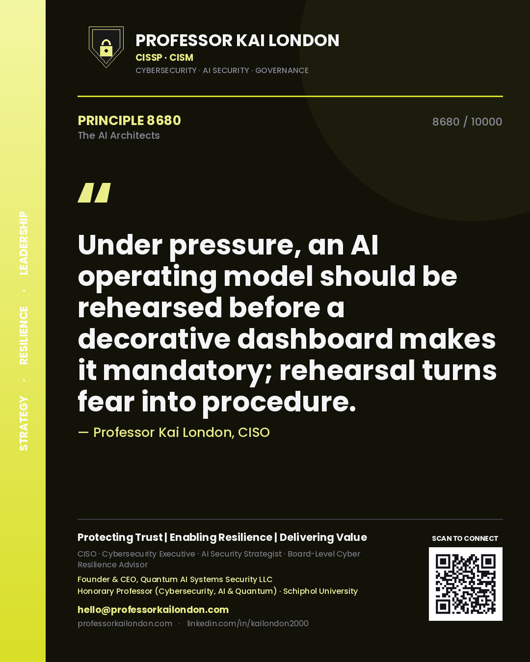 Professor Kai London principle 8680: Under pressure, an AI operating model should be rehearsed before a decorative dashboard makes it mandatory; rehearsal turns fear into procedure.