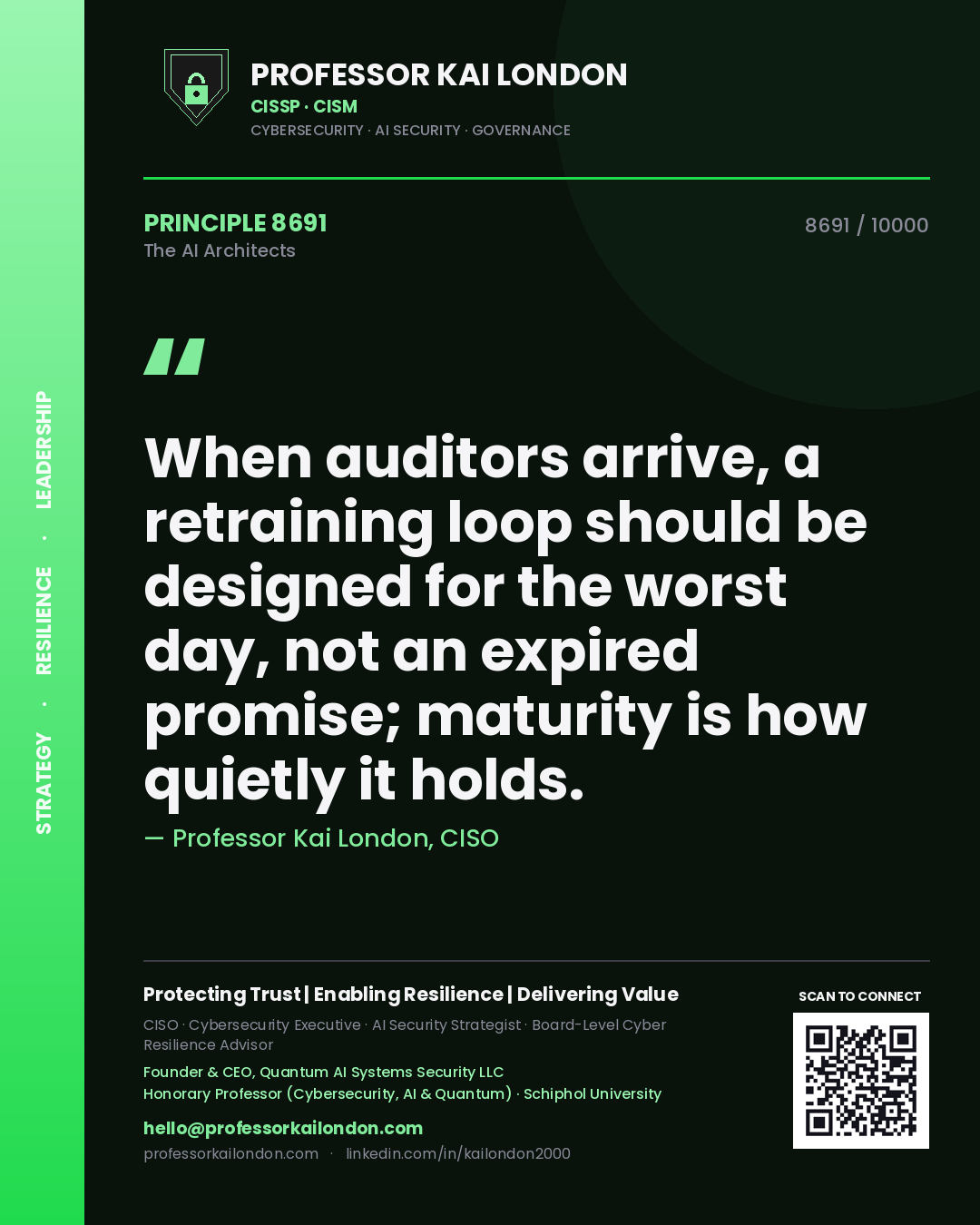 Quote card by Professor Kai London reading 'When auditors arrive, a retraining loop should be designed for the worst day, not an expired promise; maturity is how quietly it holds.'. From the book The AI Architects.
