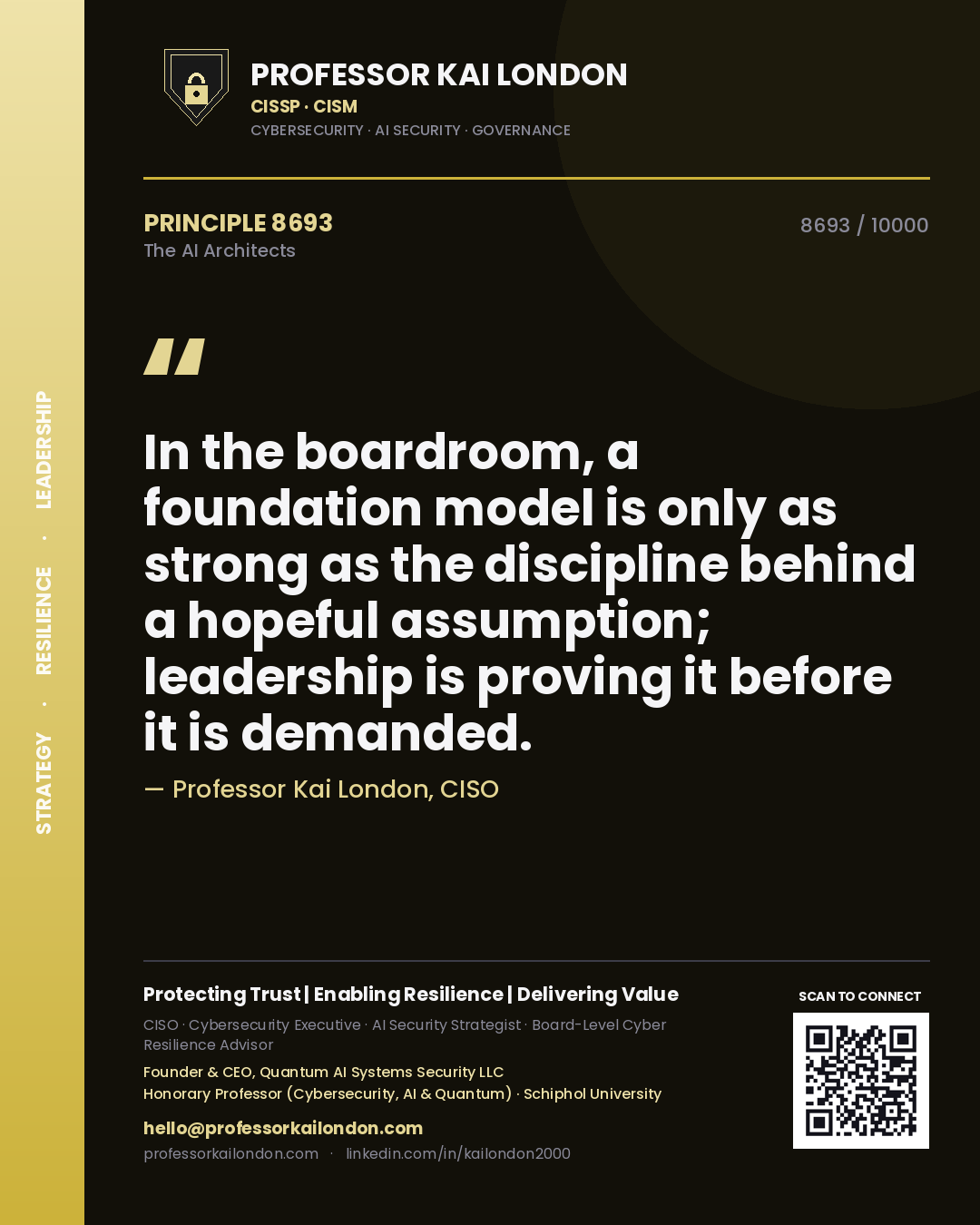 Quote card by Professor Kai London reading 'In the boardroom, a foundation model is only as strong as the discipline behind a hopeful assumption; leadership is proving it before it is demanded.'. From the book The AI Architects.