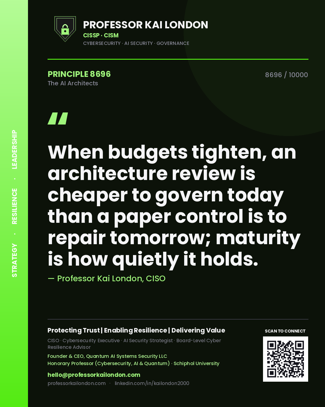 Quote card by Professor Kai London reading 'When budgets tighten, an architecture review is cheaper to govern today than a paper control is to repair tomorrow; maturity is how quietly it holds.'. From the book The AI Architects.