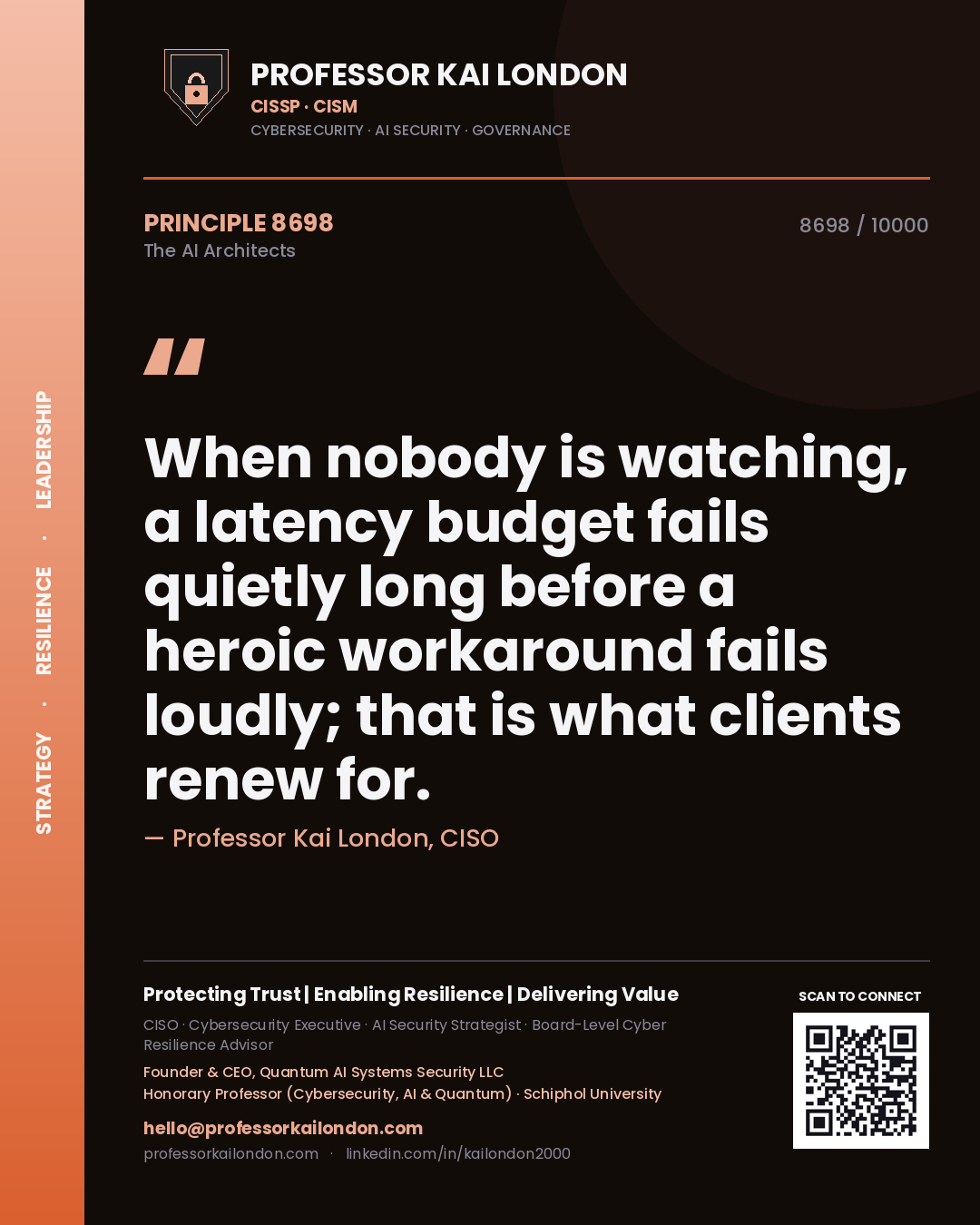 Professor Kai London principle 8698: When nobody is watching, a latency budget fails quietly long before a heroic workaround fails loudly; that is what clients renew for.