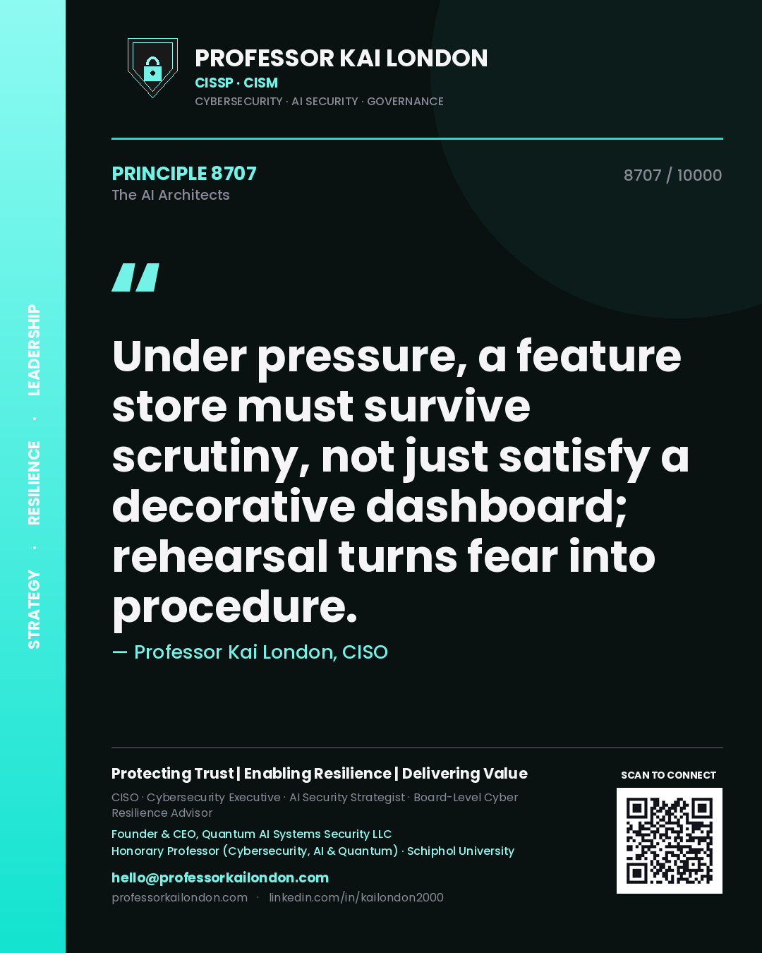 Quote card by Professor Kai London reading 'Under pressure, a feature store must survive scrutiny, not just satisfy a decorative dashboard; rehearsal turns fear into procedure.'. From the book The AI Architects.