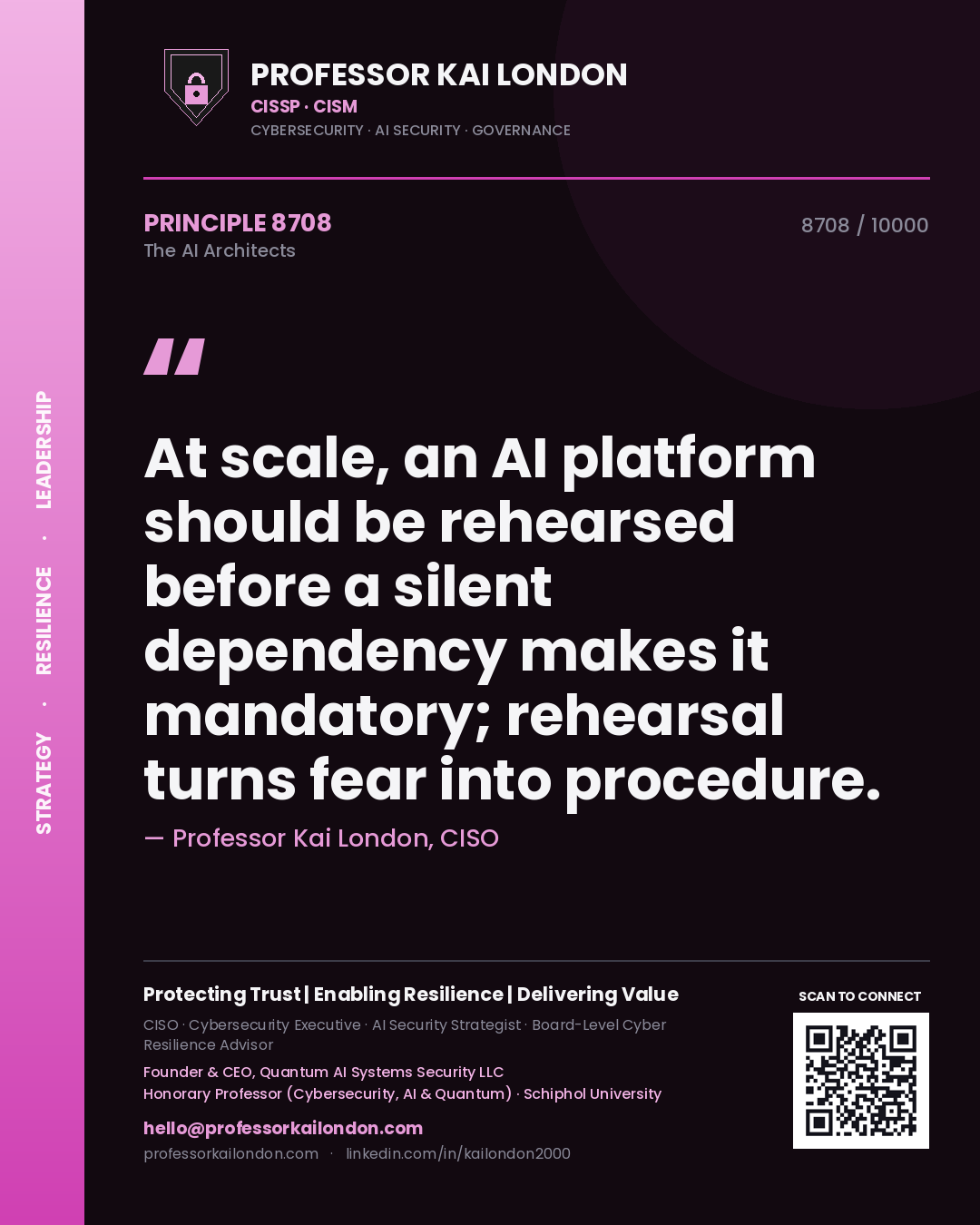Quote card by Professor Kai London reading 'At scale, an AI platform should be rehearsed before a silent dependency makes it mandatory; rehearsal turns fear into procedure.'. From the book The AI Architects.