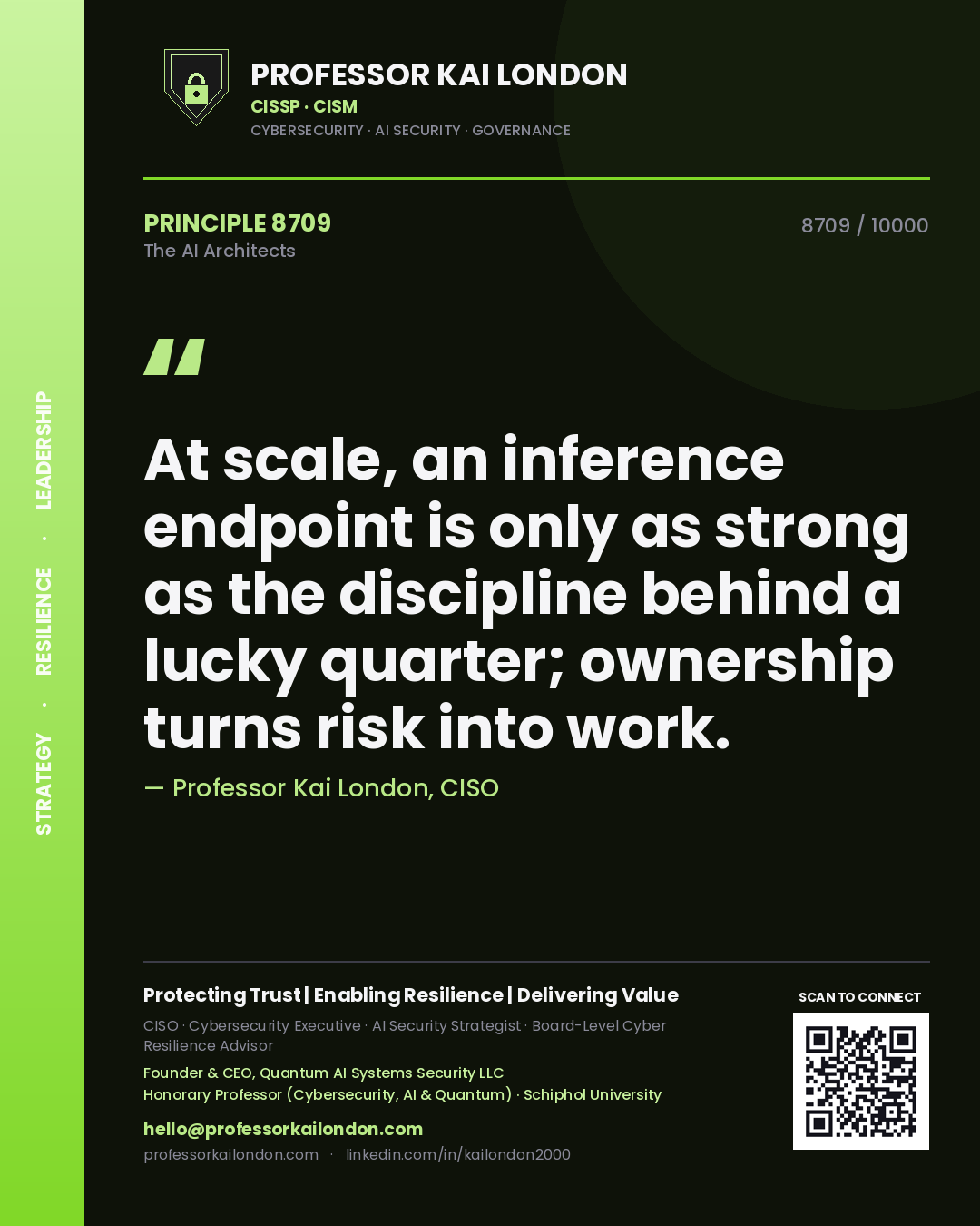 Quote card by Professor Kai London reading 'At scale, an inference endpoint is only as strong as the discipline behind a lucky quarter; ownership turns risk into work.'. From the book The AI Architects.