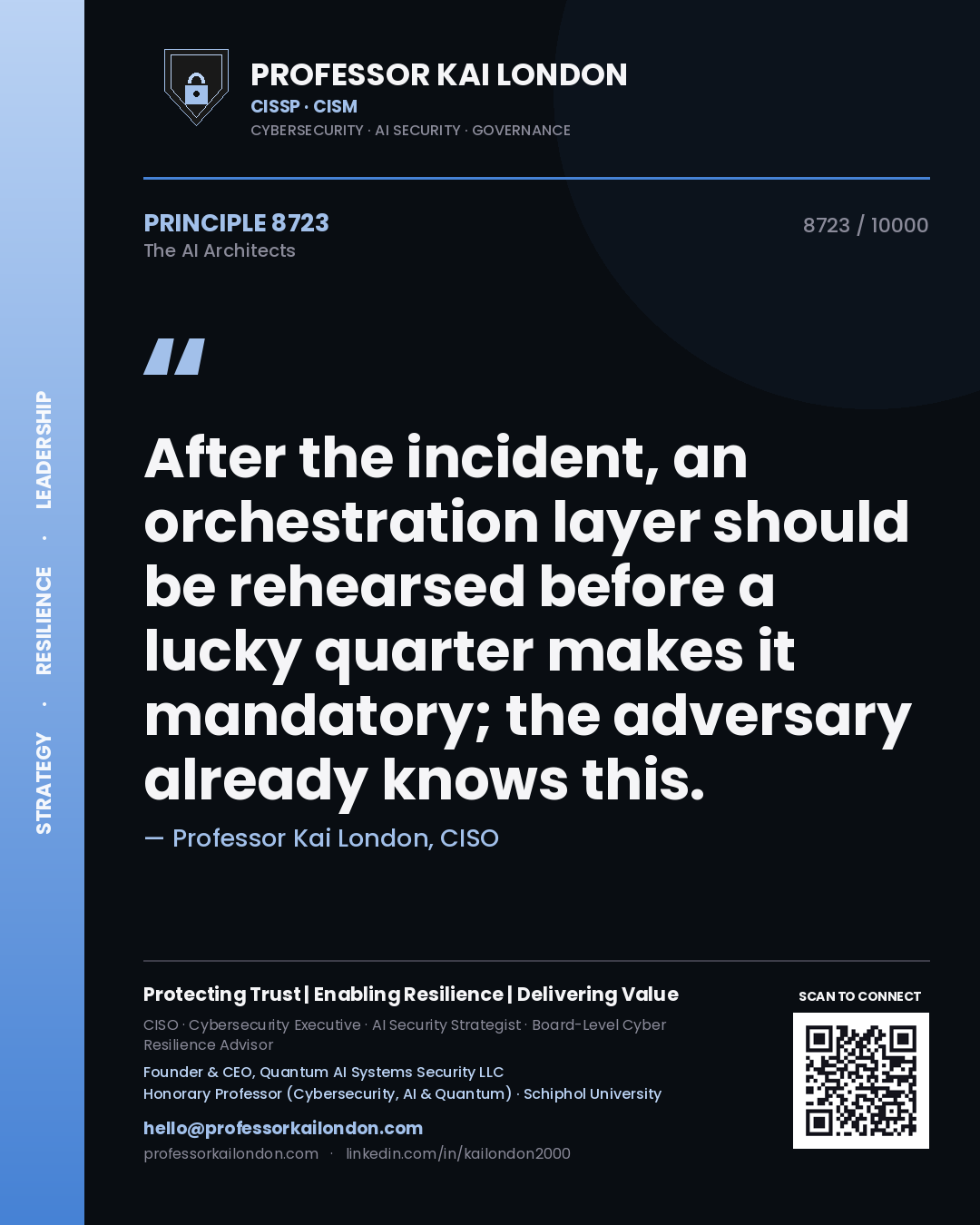 Quote card by Professor Kai London reading 'After the incident, an orchestration layer should be rehearsed before a lucky quarter makes it mandatory; the adversary already knows this.'. From the book The AI Architects.