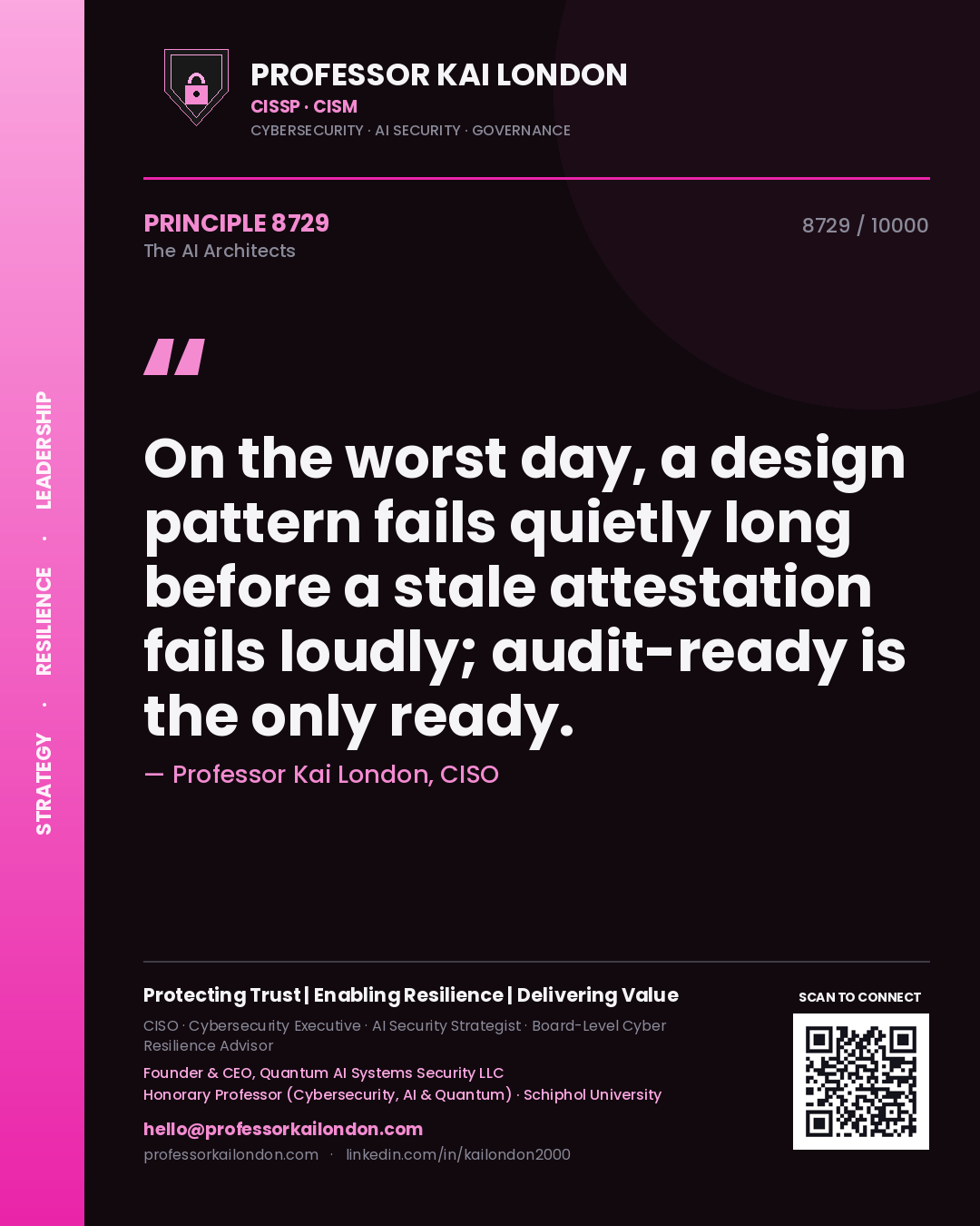 Quote card by Professor Kai London reading 'On the worst day, a design pattern fails quietly long before a stale attestation fails loudly; audit-ready is the only ready.'. From the book The AI Architects.