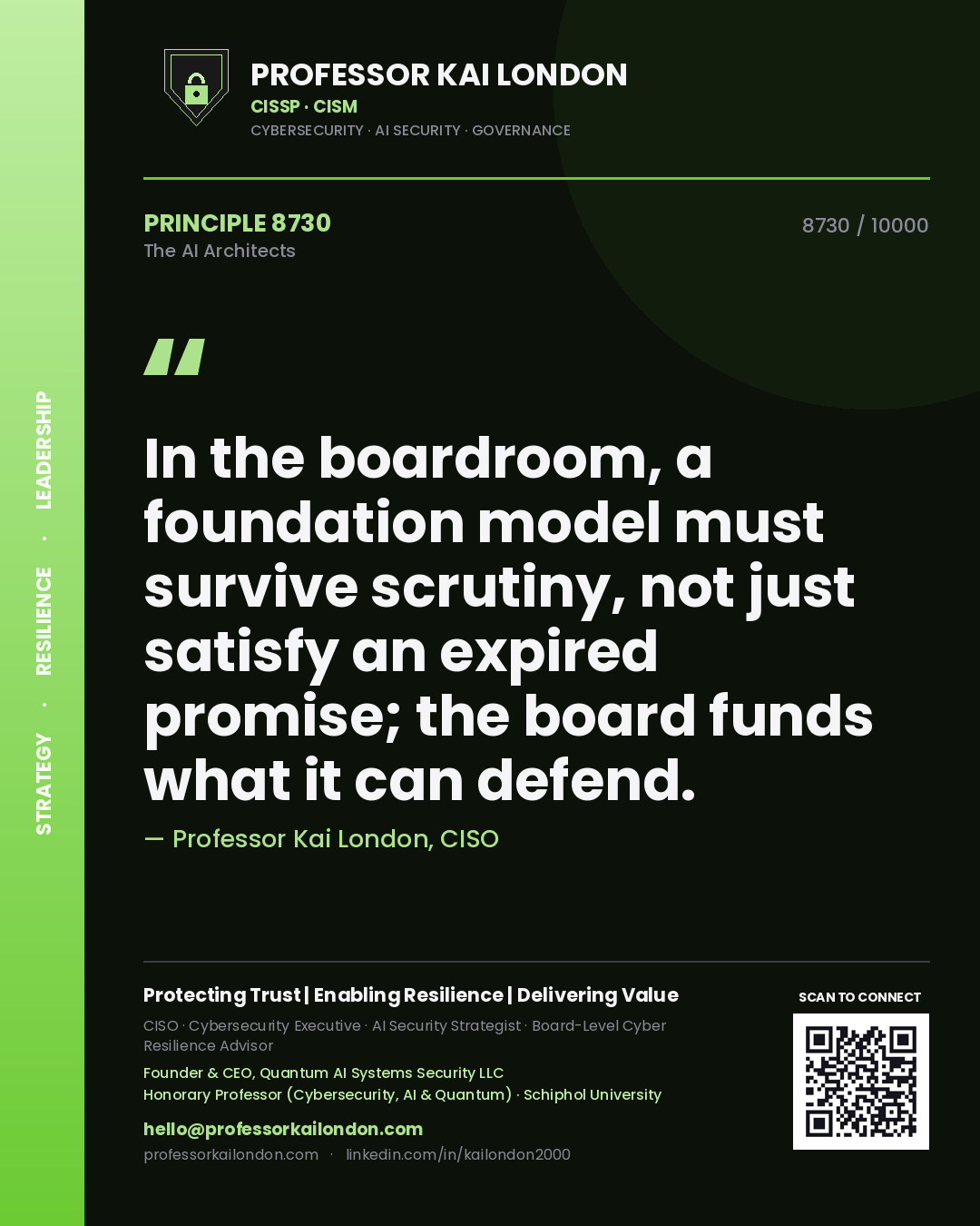 Quote card by Professor Kai London reading 'In the boardroom, a foundation model must survive scrutiny, not just satisfy an expired promise; the board funds what it can defend.'. From the book The AI Architects.