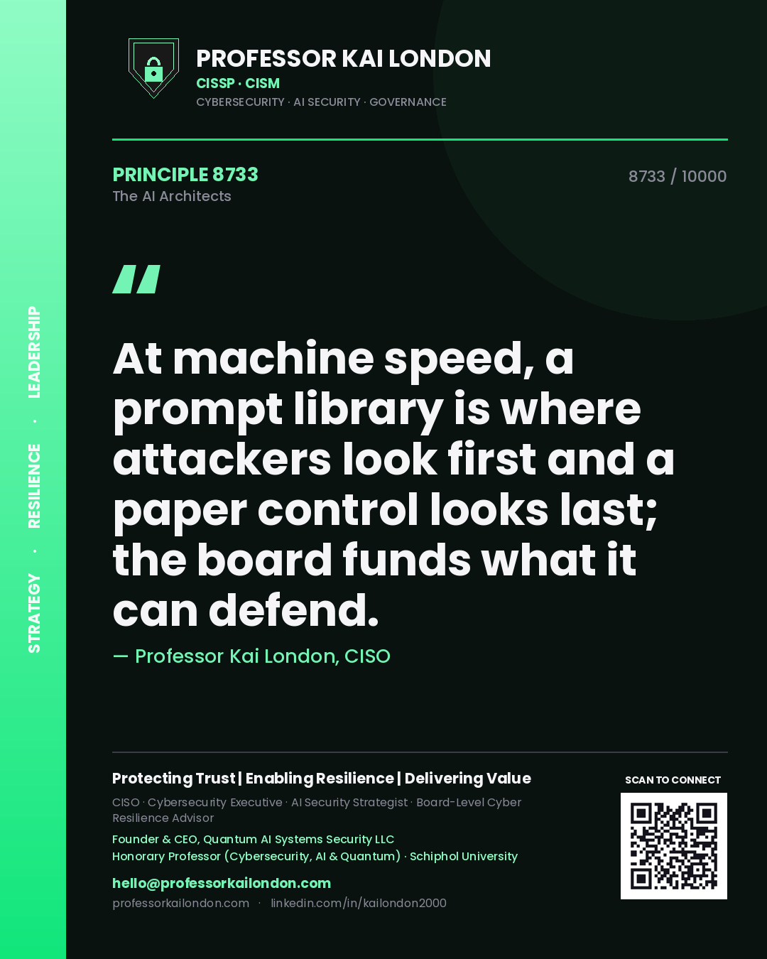 Quote card by Professor Kai London reading 'At machine speed, a prompt library is where attackers look first and a paper control looks last; the board funds what it can defend.'. From the book The AI Architects.