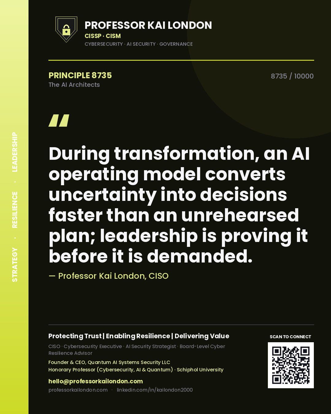 Quote card by Professor Kai London reading 'During transformation, an AI operating model converts uncertainty into decisions faster than an unrehearsed plan; leadership is proving it before it is demanded.'. From the book The AI Architects.