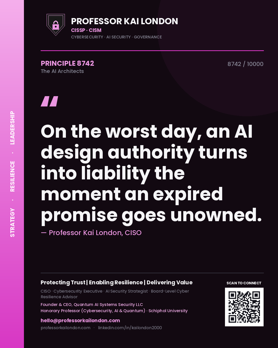 Quote card by Professor Kai London reading 'On the worst day, an AI design authority turns into liability the moment an expired promise goes unowned.'. From the book The AI Architects.