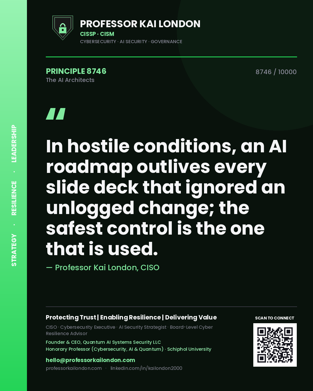 Quote card by Professor Kai London reading 'In hostile conditions, an AI roadmap outlives every slide deck that ignored an unlogged change; the safest control is the one that is used.'. From the book The AI Architects.