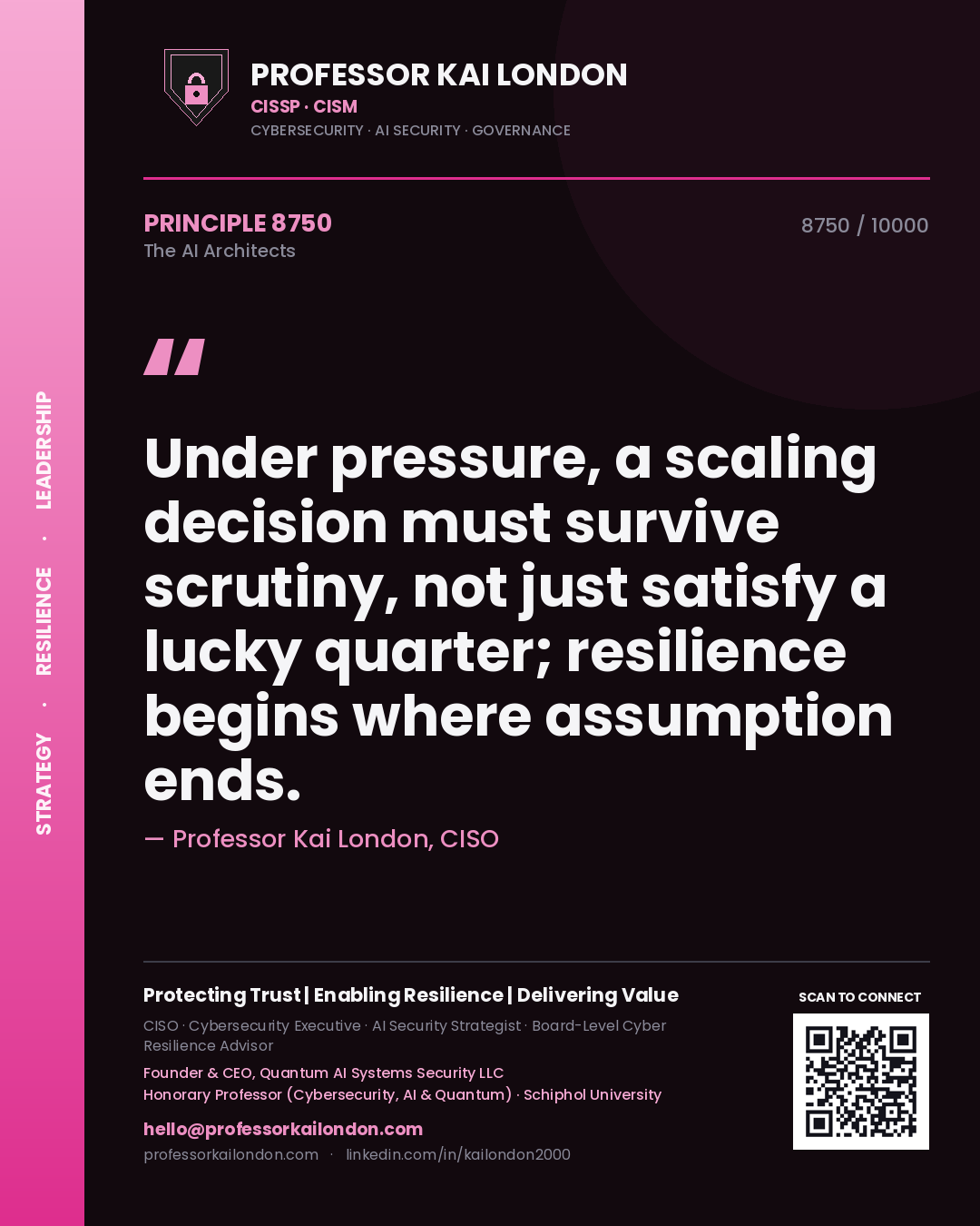Quote card by Professor Kai London reading 'Under pressure, a scaling decision must survive scrutiny, not just satisfy a lucky quarter; resilience begins where assumption ends.'. From the book The AI Architects.