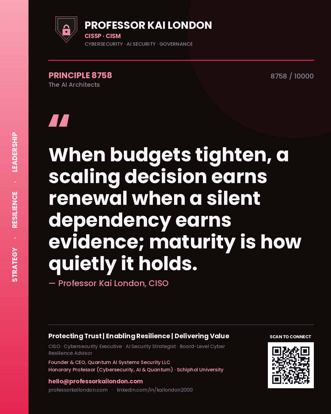 Professor Kai London principle 8758: When budgets tighten, a scaling decision earns renewal when a silent dependency earns evidence; maturity is how quietly it holds.